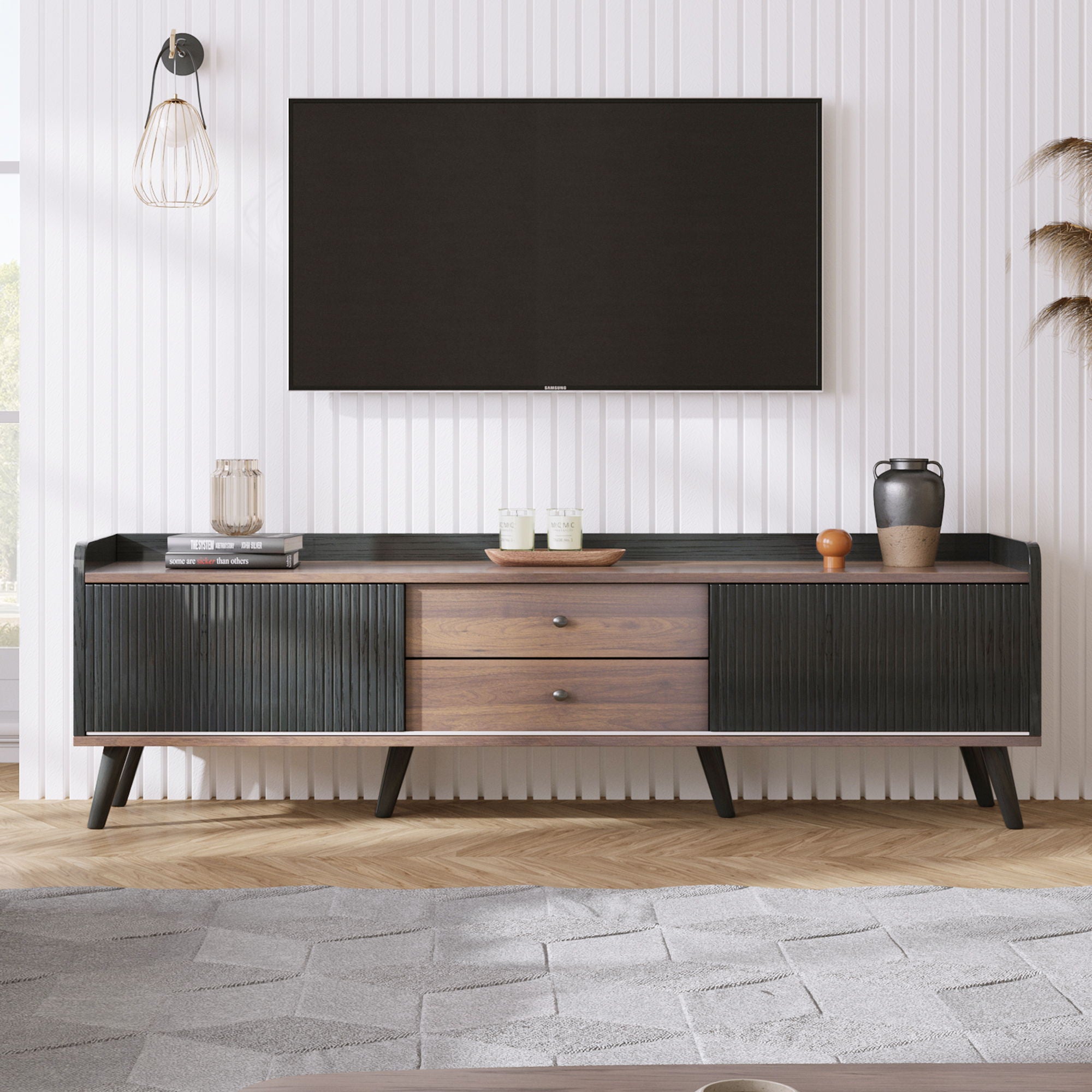 Mid Century TV Stand With 2 Cabinets & Open Compartments, Entertainment Center For Tvs Up To 70'', Television Console For Living Room - Dark Coffee / Black - Best Buy Furniture