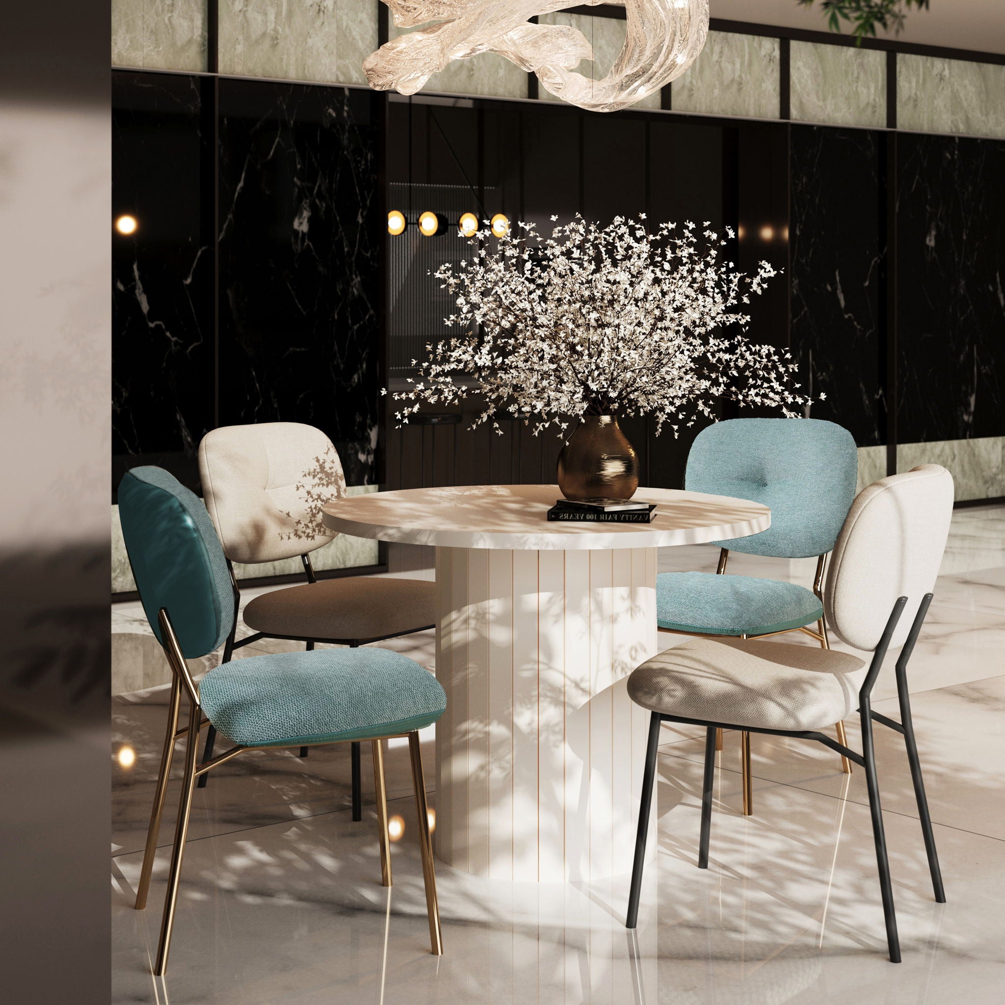 Modern 4 Person Dining Set With Bamboo & Table And Turquoise & Chairs Metal Legs, Space Saving Design - White - Best Buy Furniture