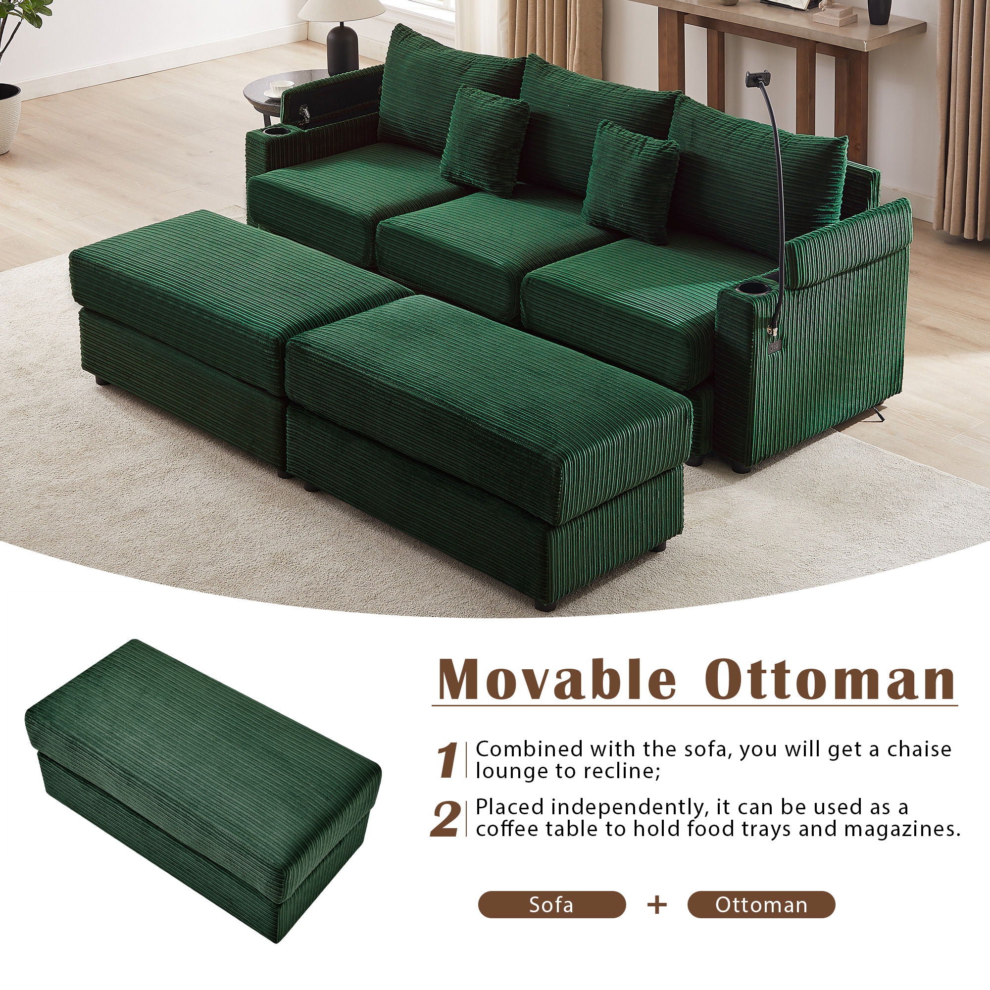 Modern Style Loveseat Sofa Sectional Sofa Couch With Storage Space, A Movable Ottoman, Two USB Ports, Two Cup Holders, A Phone Holder For Living Room - Best Buy Furniture