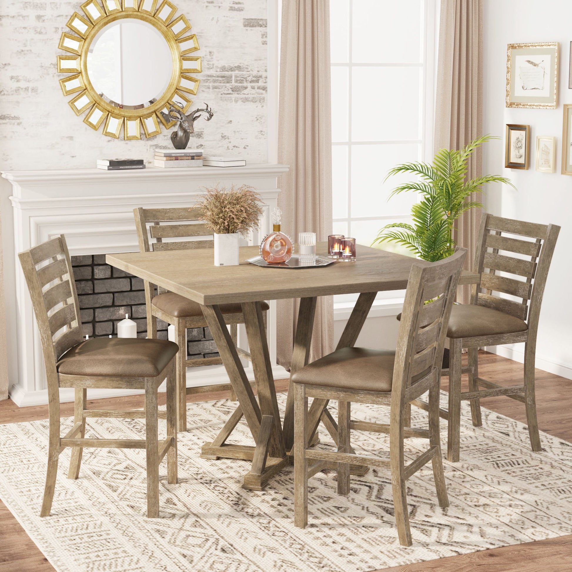 5 Pieces Set Counter Table Set Square Counter Table Solid Wood Modern Farmhouse Rustic Look Distressed Look - Grayish Brown - Best Buy Furniture