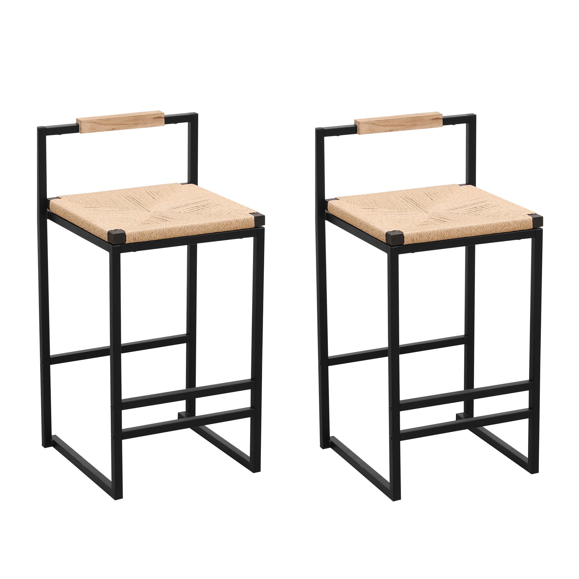 Stylish (Set of 2) Bar Stools With Backrest And Paper Rope Woven Seat, Counter Height Dining Chairs For Kitchen - Natural - Best Buy Furniture