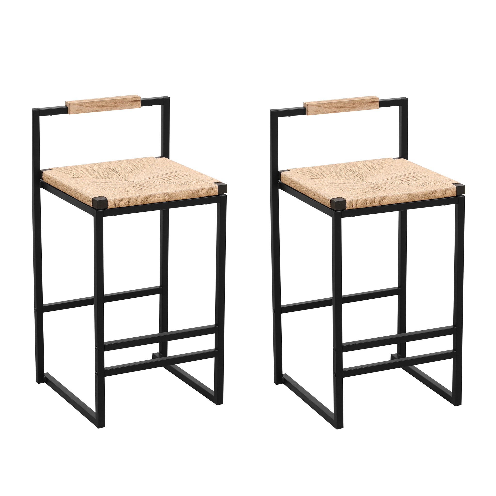Stylish (Set of 2) Bar Stools With Backrest And Paper Rope Woven Seat, Counter Height Dining Chairs For Kitchen - Natural - Best Buy Furniture