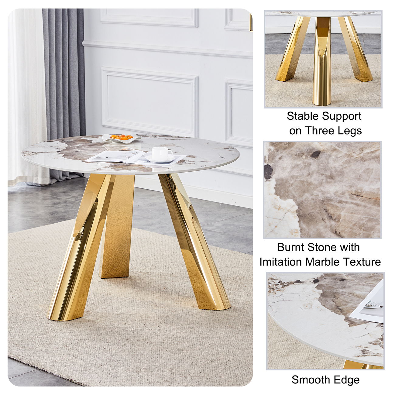 Marble Grained Stone Round Table Three - Legged Round Table With Stainless Steel Plated Legs Natural Healthy And Environmentally Friendly Round Table - Best Buy Furniture