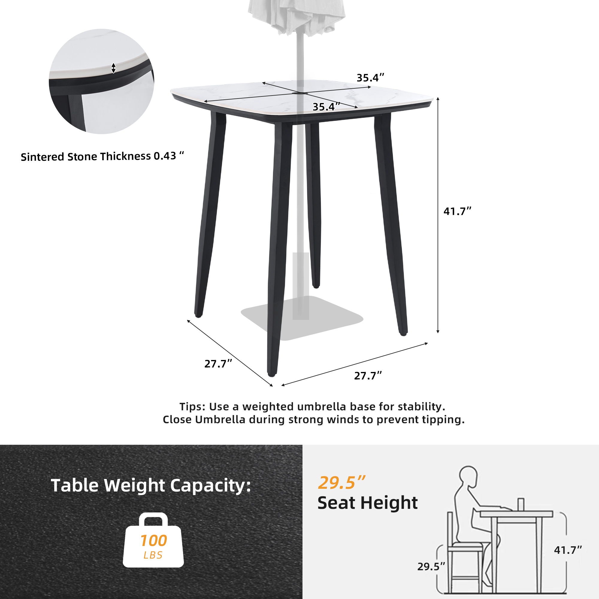 Modern Outdoor Bar Table, Rounded Square Sintered Stone Top With Umbrella Hole, Rust Free Frame, Weatherproof - Ember Black / White - Best Buy Furniture