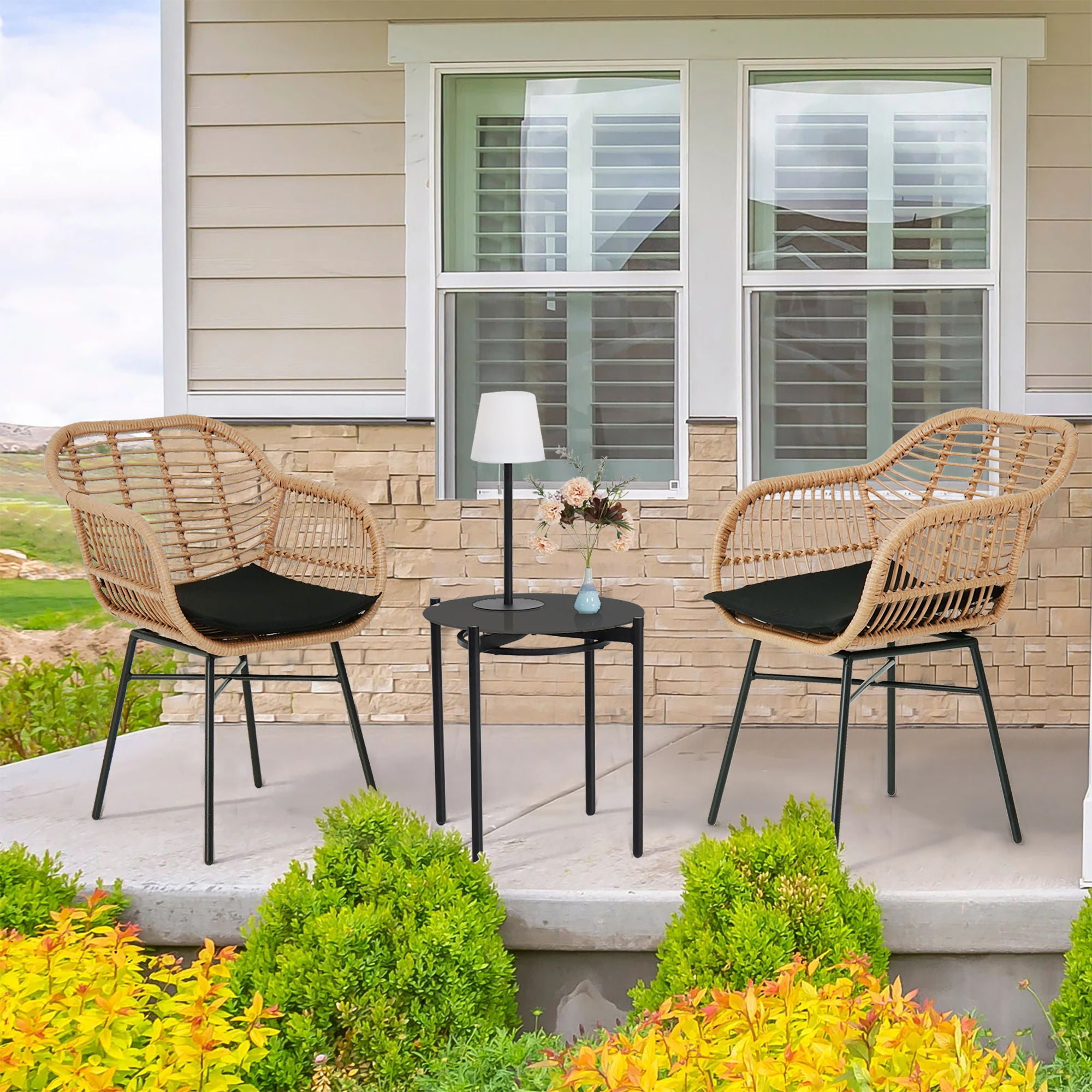 3 Pieces Of Luxury Outdoor Wicker Furniture, Patio Bistro Style Table And Chair Combination, Weather Resistant PE Wicker Weave, Suitable For Garden - Black / Natural - Best Buy Furniture