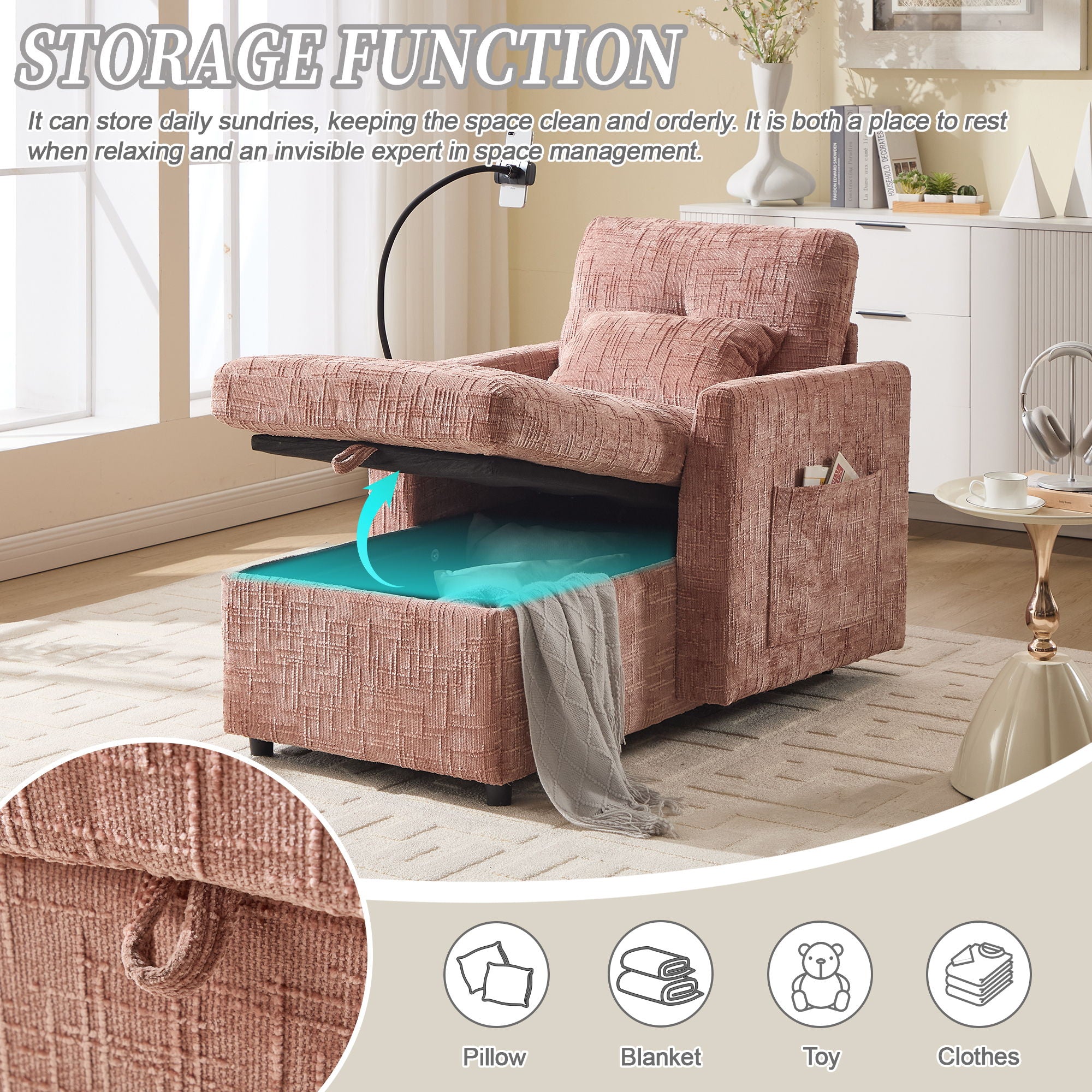 Multifunctional Chenille Recliner Sofa With Storage And Phone Bracket - Best Buy Furniture