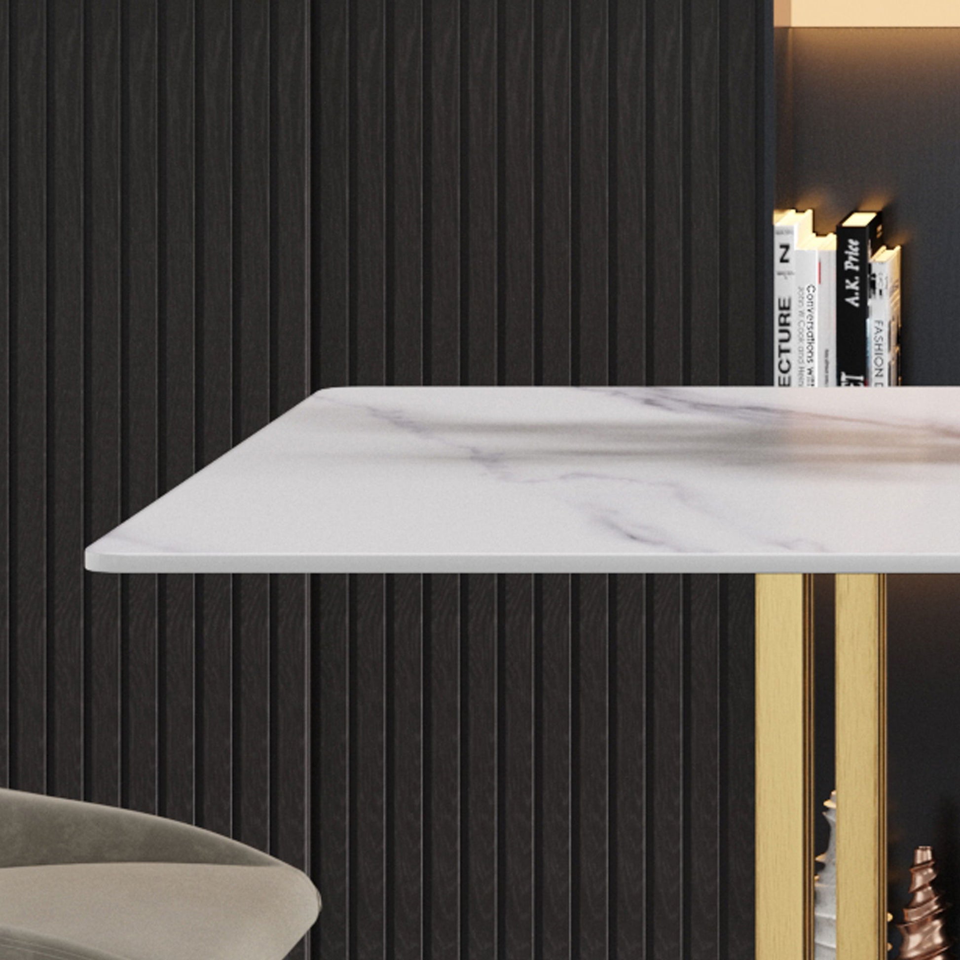 63" Modern Artificial Stone Straight Edge Metal Leg Dining Table, 6 People - White / Gold - Best Buy Furniture