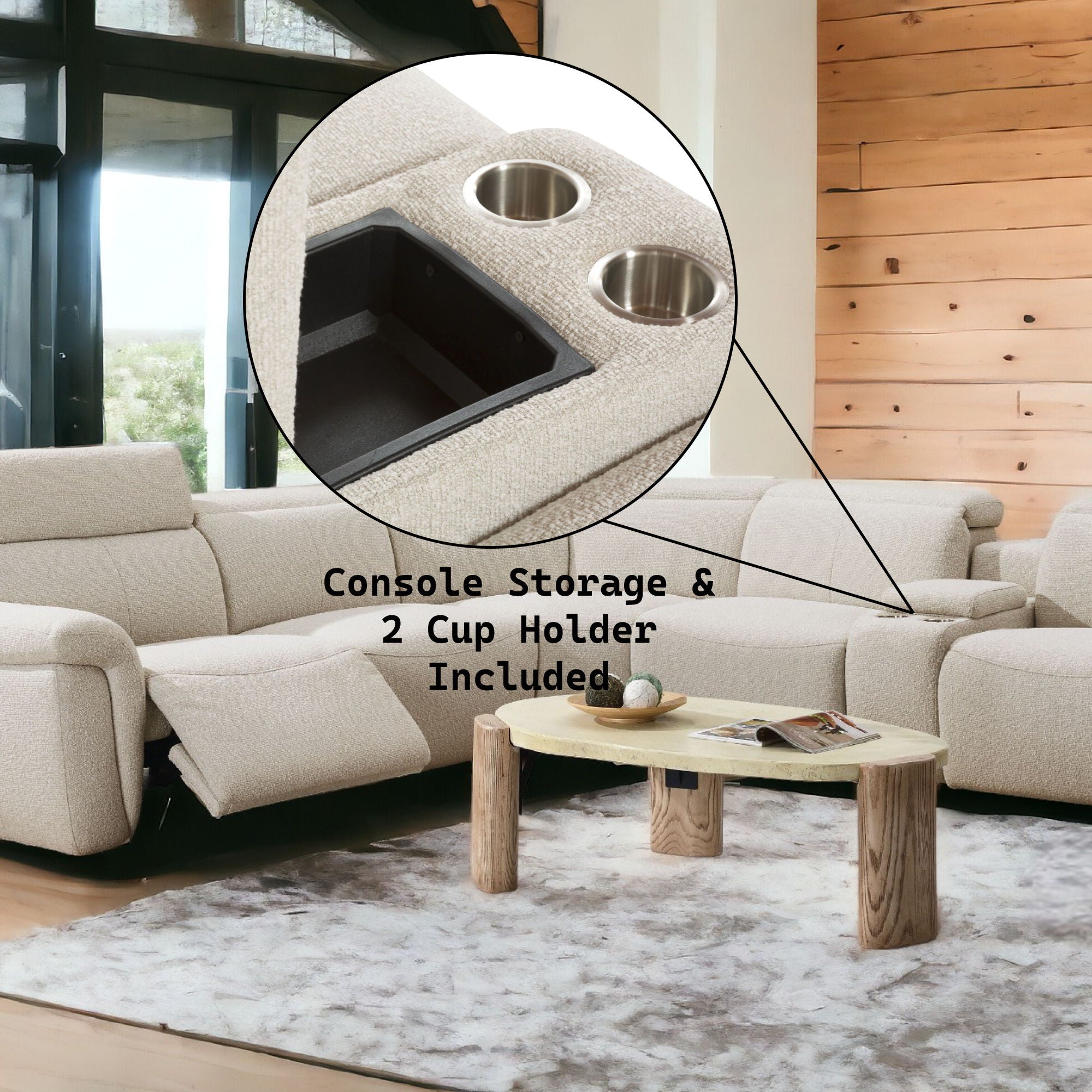 Dayana - Boucle Power Recliner Sectional Sofa For 5 People With Cupholder Console Adjustable Headrest - Beige - Best Buy Furniture