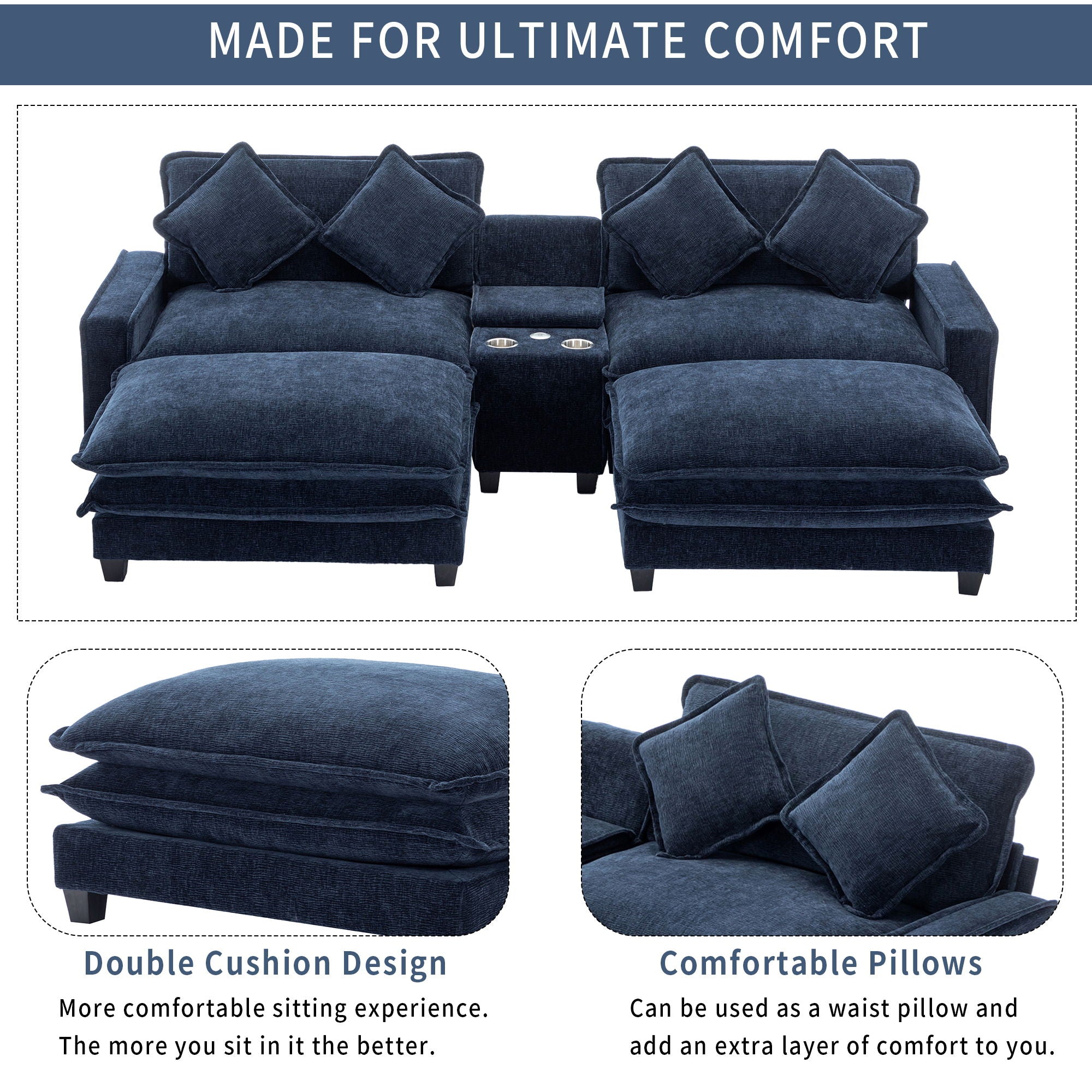 Sectional Sofa Chenille Upholstered Sofa With Two Removable Ottoman, Two USB Ports, Two Cup Holders And Large Storage Box For Living Room - Best Buy Furniture