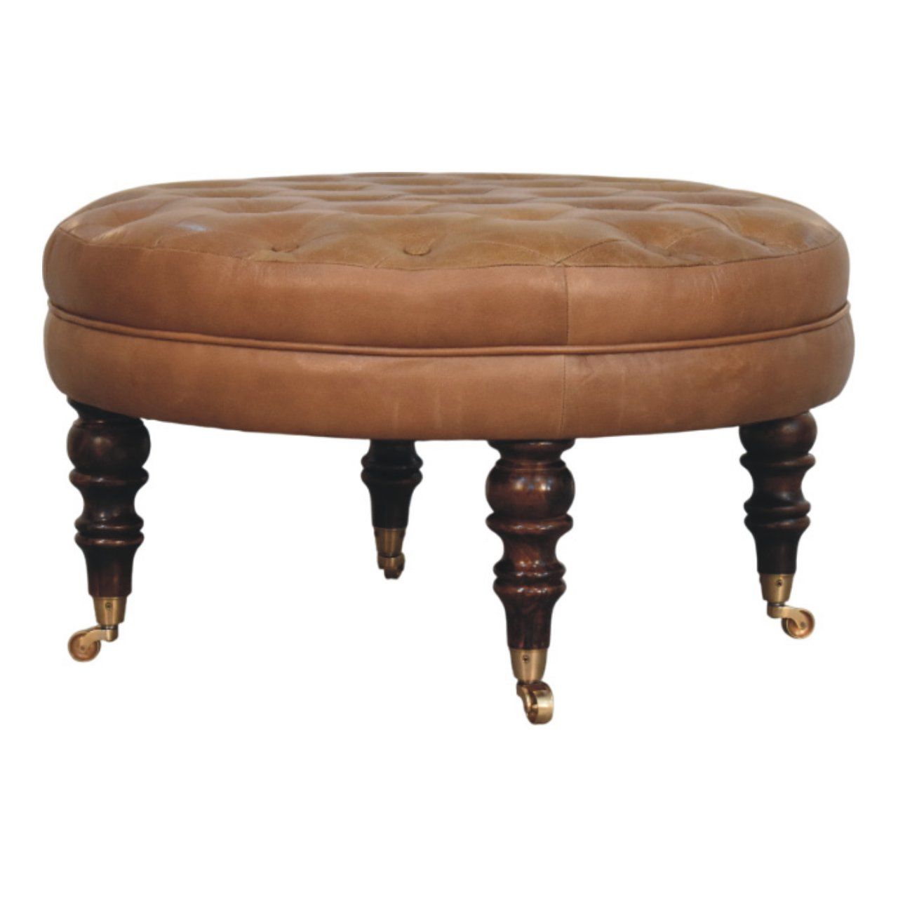 Buffalo - Leather Round Ottoman With Castor Legs - Brown - Best Buy Furniture