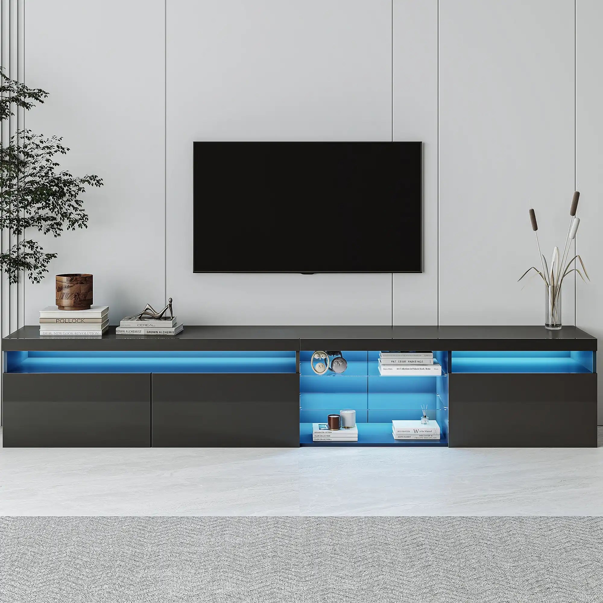Modern LED TV Stand with 2 Glass Shelves, Ample Storage Space Media Console - Best Buy Furniture
