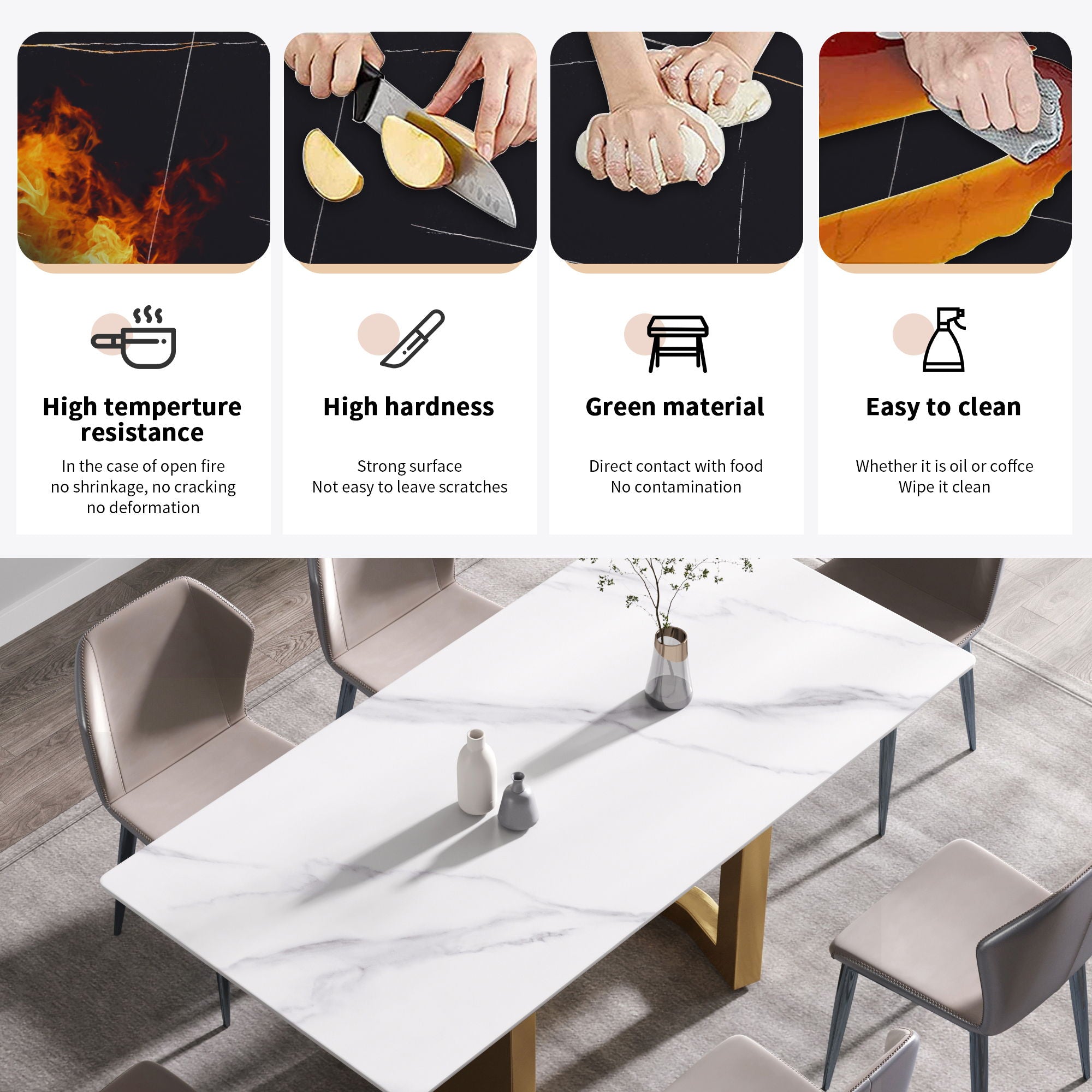 70.87" Modern Artificial Stone Straight Edge Golden Metal Leg Dining Table, Can Accommodate 6-8 People - White / Gold - Best Buy Furniture