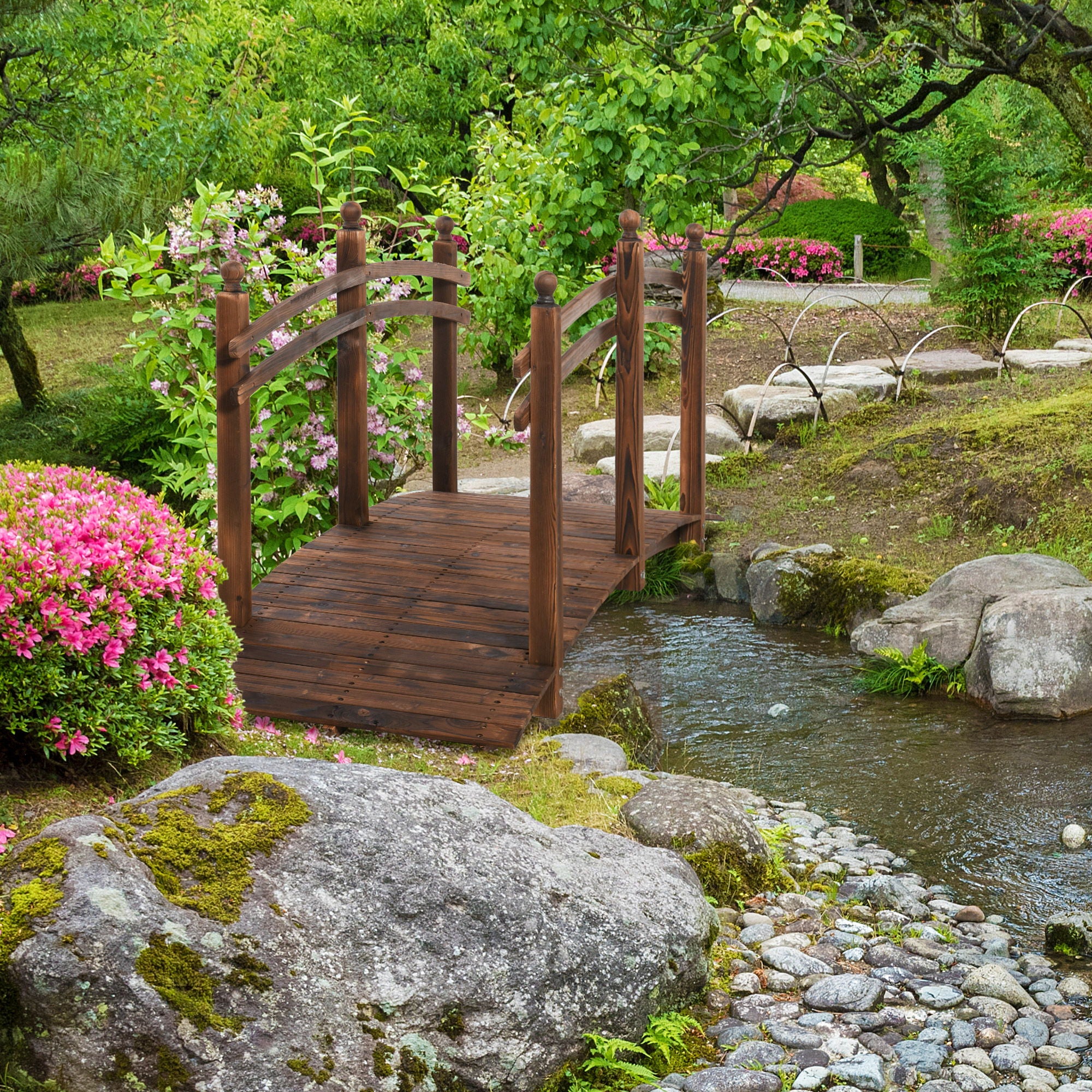 Outsunny - Fir Wood Garden Bridge Arc Walkway With Side Railings, Perfect For Backyards, Gardens, & Streams, Carbonized - Brown - Best Buy Furniture