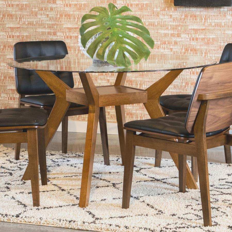 Paxton - Round Glass Top Wood Dining Table - Nutmeg - Best Buy Furniture