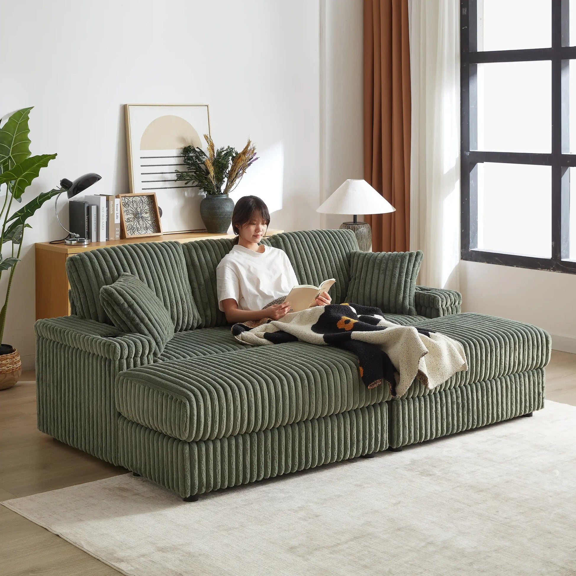 Xena Modern Corduroy Sofa With Cupholders with Storage And Ottomans - Best Buy Furniture