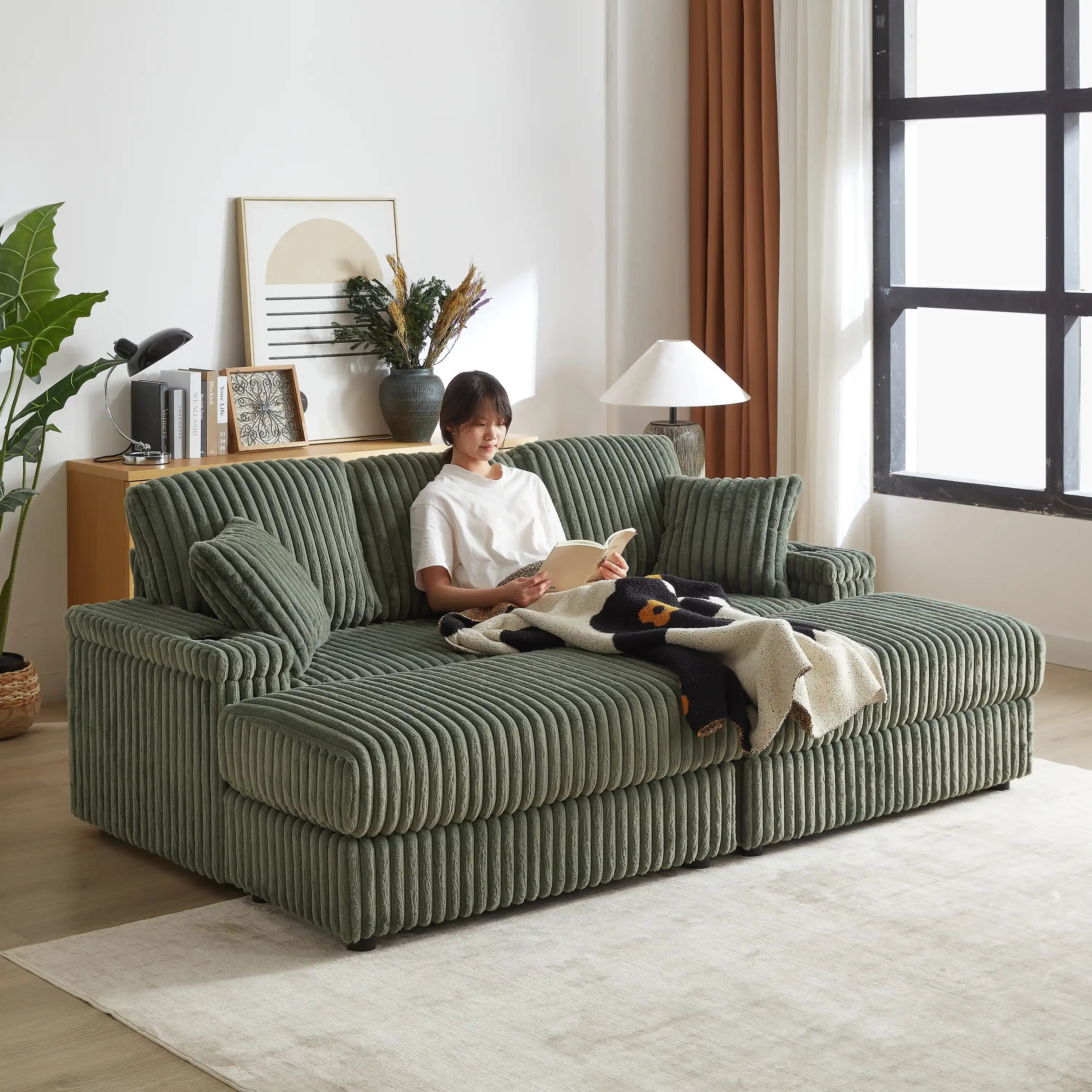 Xena Modern Corduroy Sofa With Cupholders with Storage And Ottomans - Best Buy Furniture