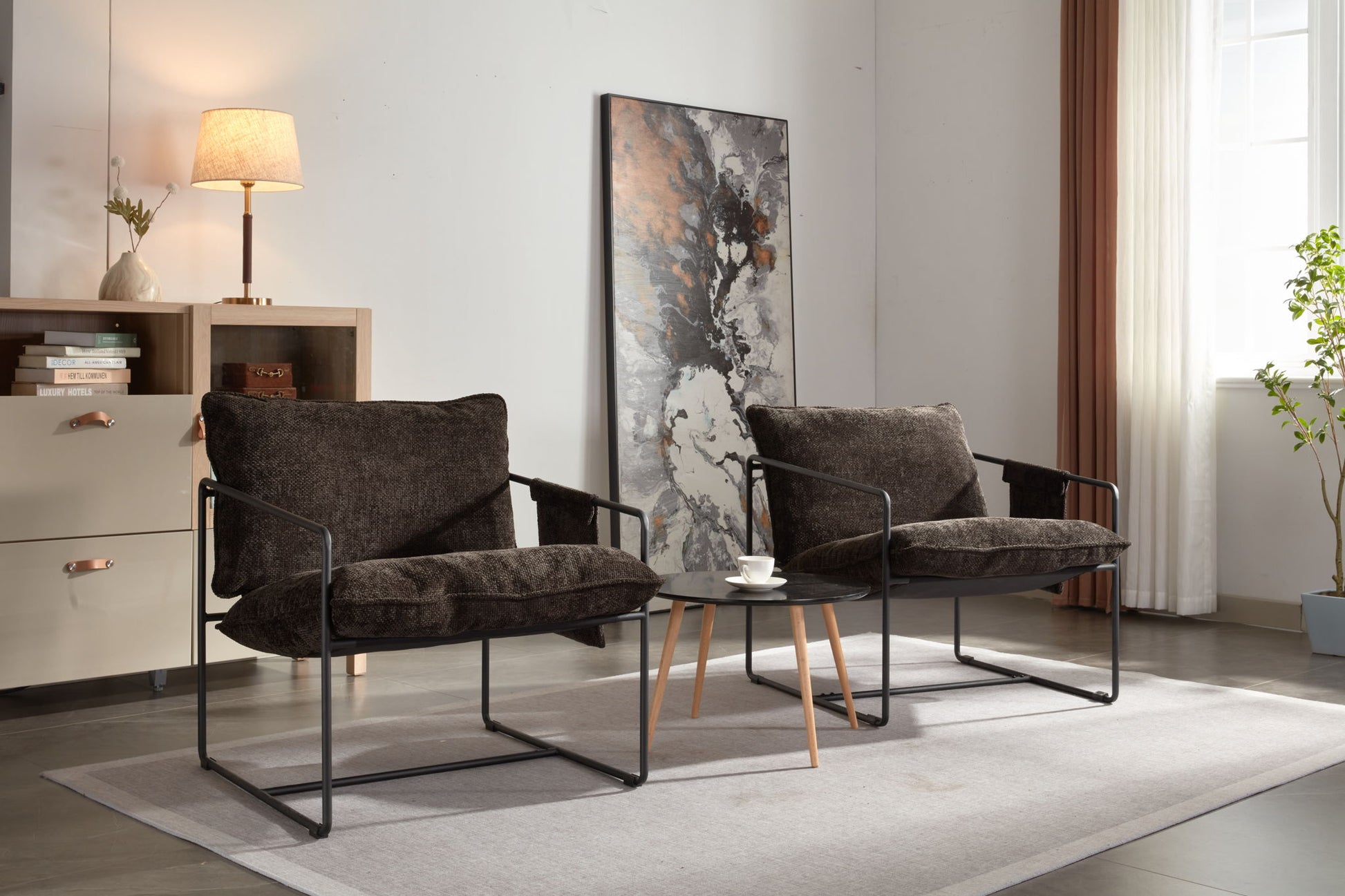 Upholstered Hanging Armchair With Arm Pocket Metal Frame (Set of 2), Crushed Foam Cushions And Skin-Friendly Braid For Living Room And Bedroom - Best Buy Furniture