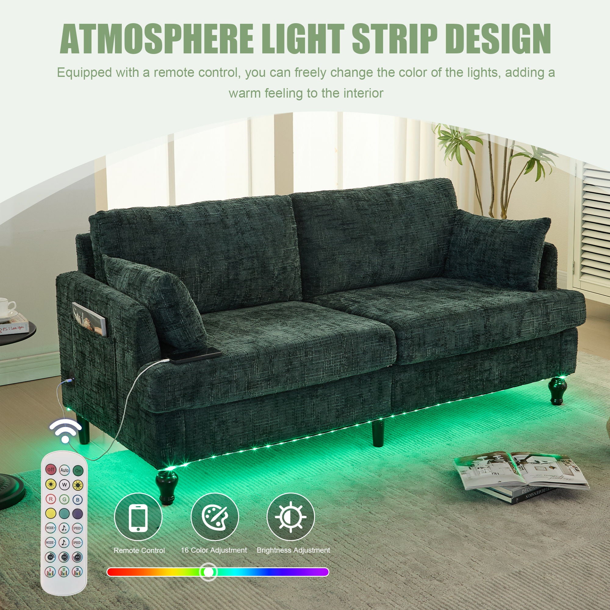 Chenille 2 Seater Sofa With LED Light, USB Charging Port, And Storage Bag - Best Buy Furniture