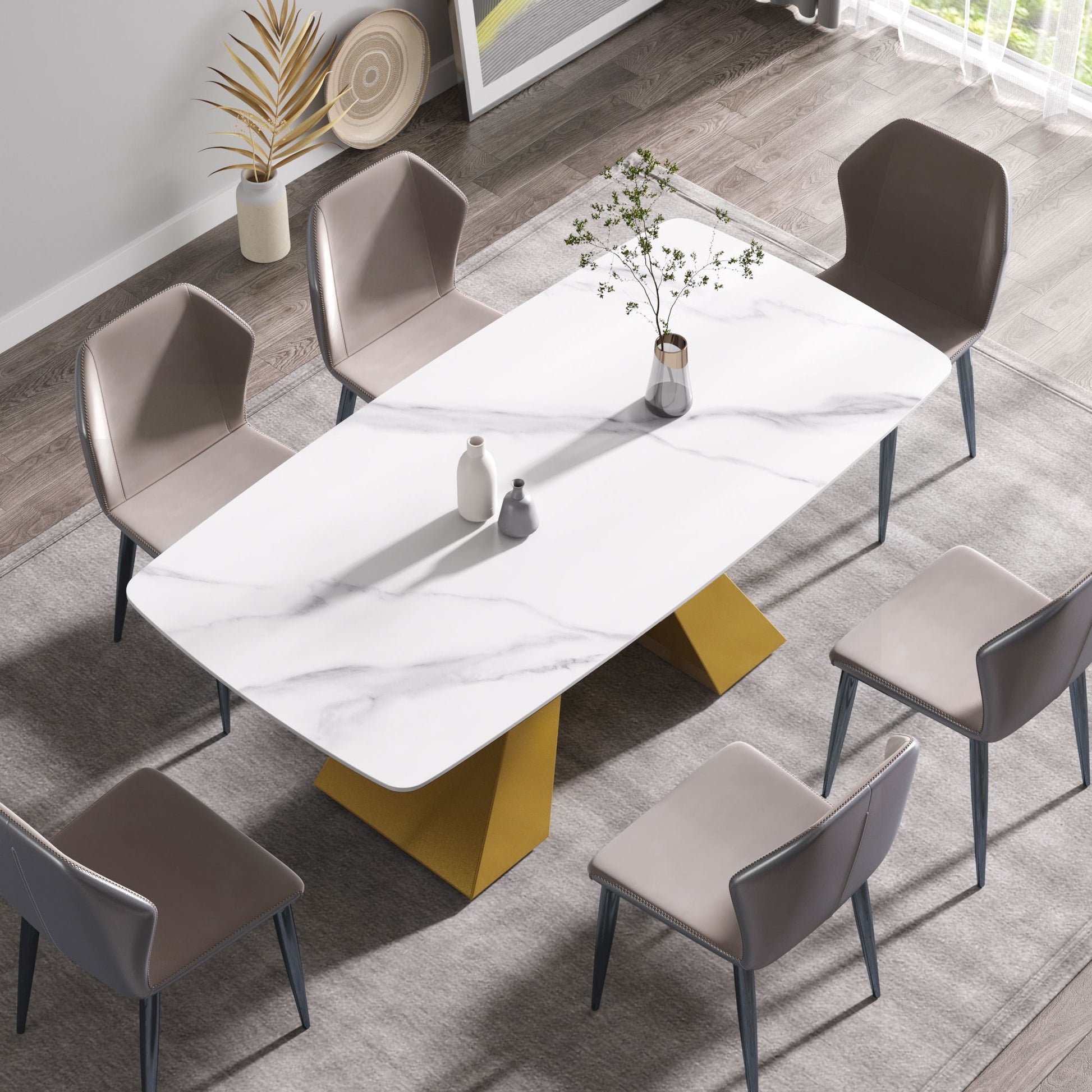 Modern Artificial Stone Curved Metal Leg Dining Table, Can Accommodate 6-8 People - White / Gold - Best Buy Furniture