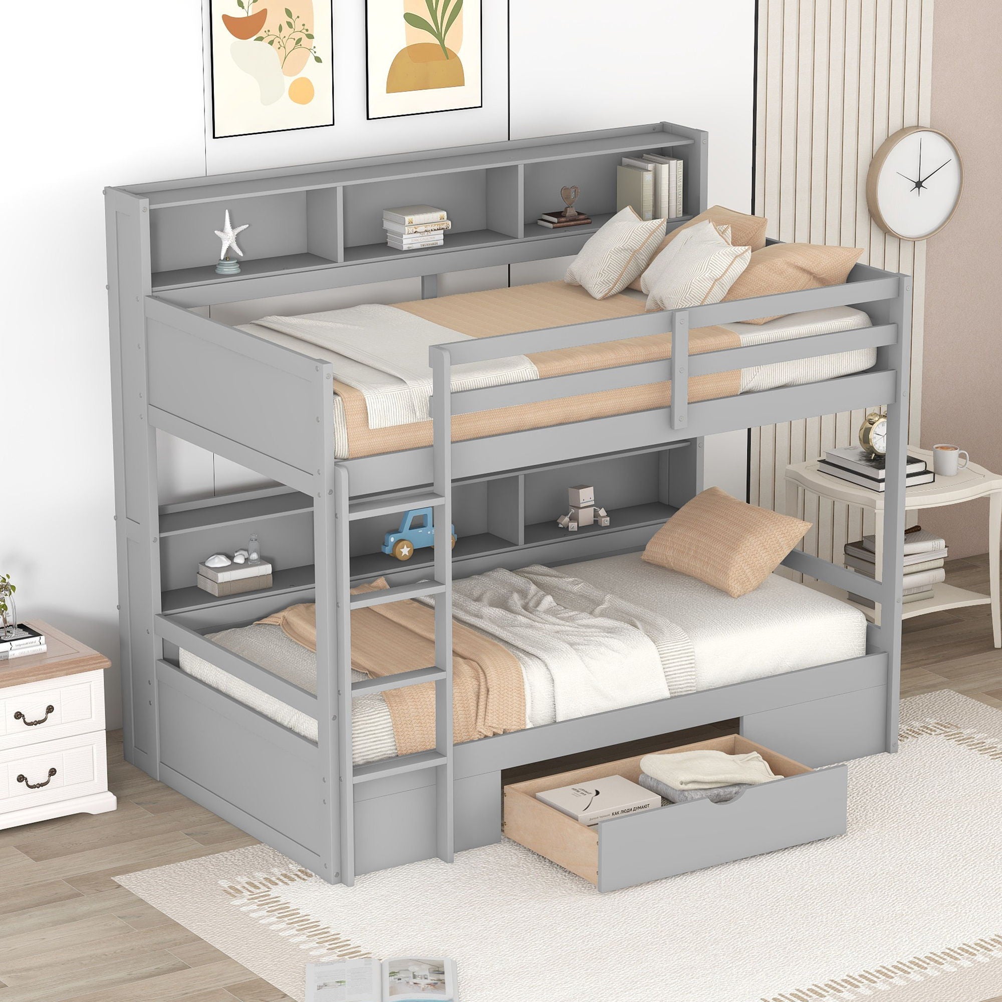 Twin Size Bunk Bed With Built-In Shelves Beside Both Upper And Down Bed And Storage Drawer - Best Buy Furniture