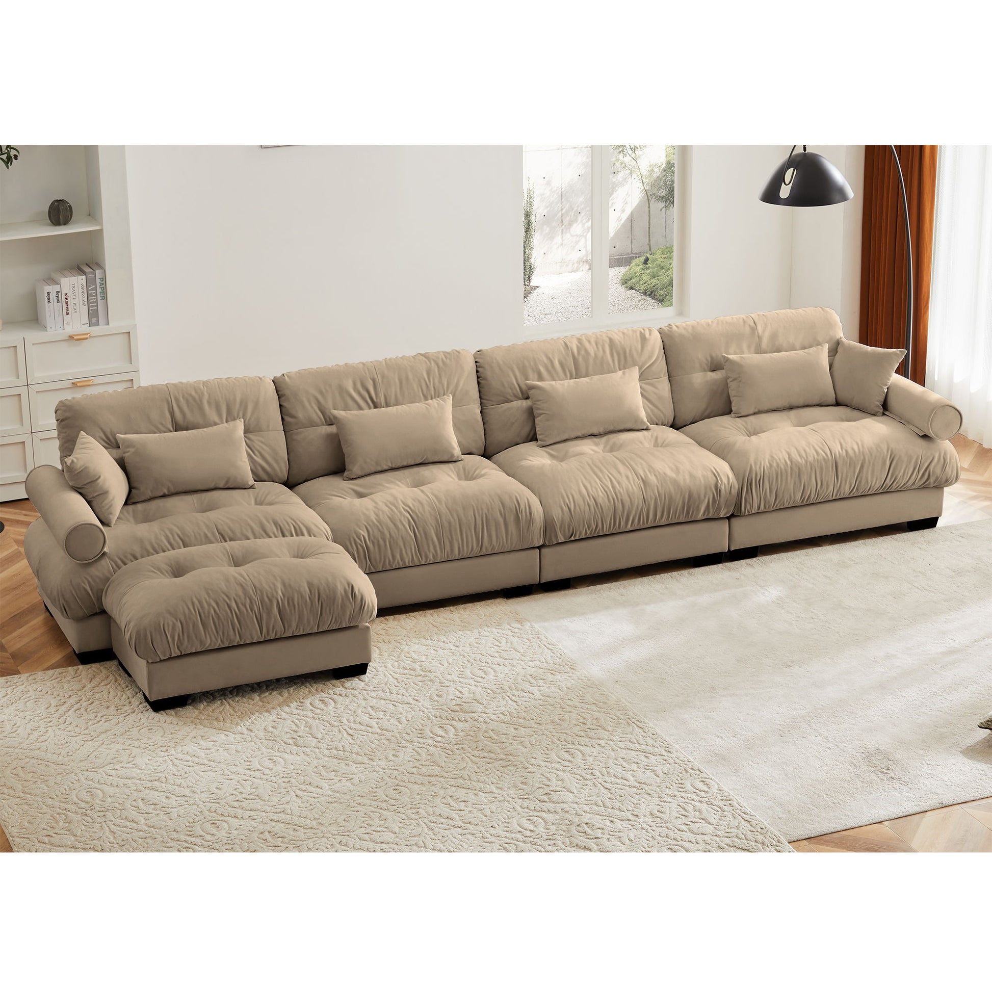 Modern Sectional Sofa With Ottoman, Round Bolster Armrests, Waist And Throw Pillows - Best Buy Furniture