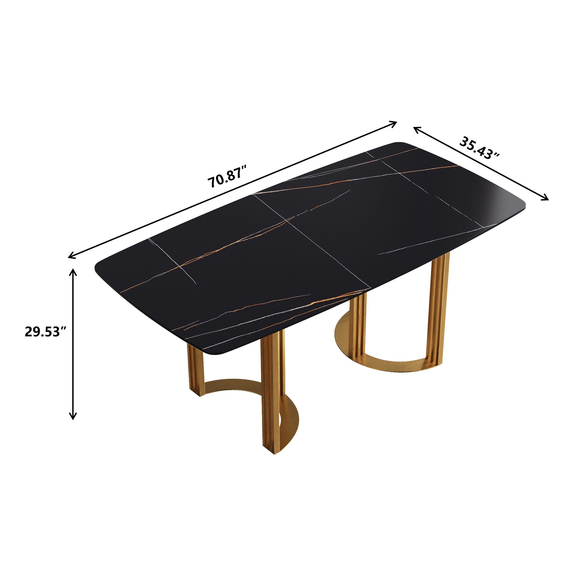 70.87" Modern Artificial Stone Black Curved Metal Leg Dining Table, Can Accommodate 6-8 People - Black / Gold - Best Buy Furniture