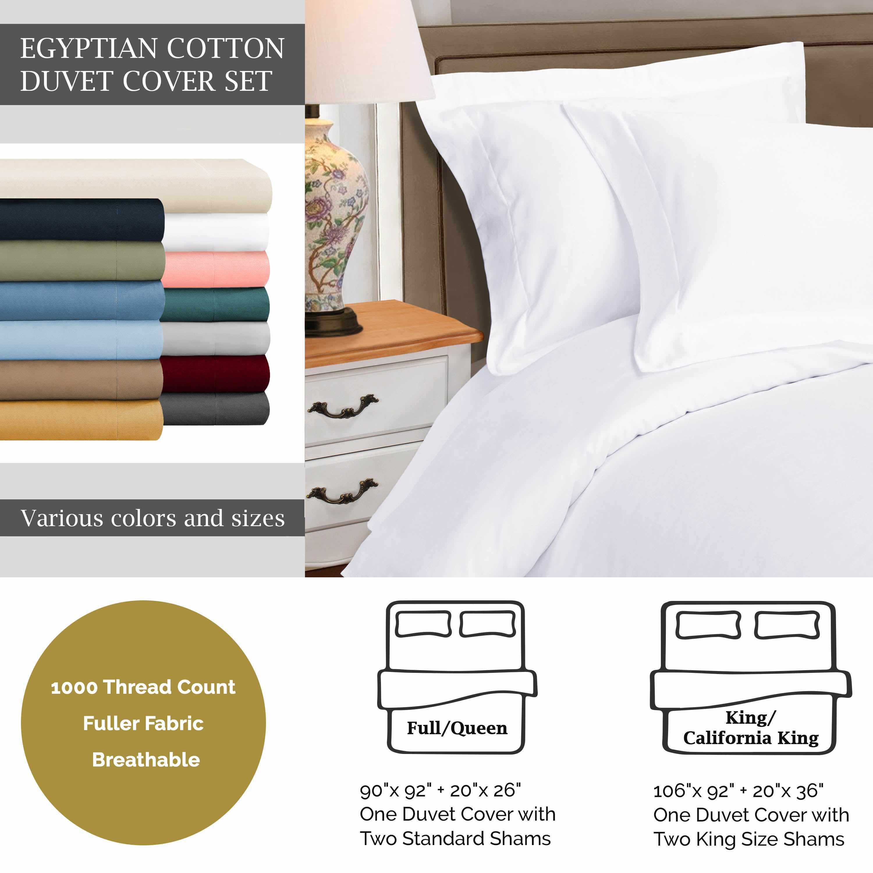 1000 Thread Count Egyptian Cotton Solid Duvet Cover Set