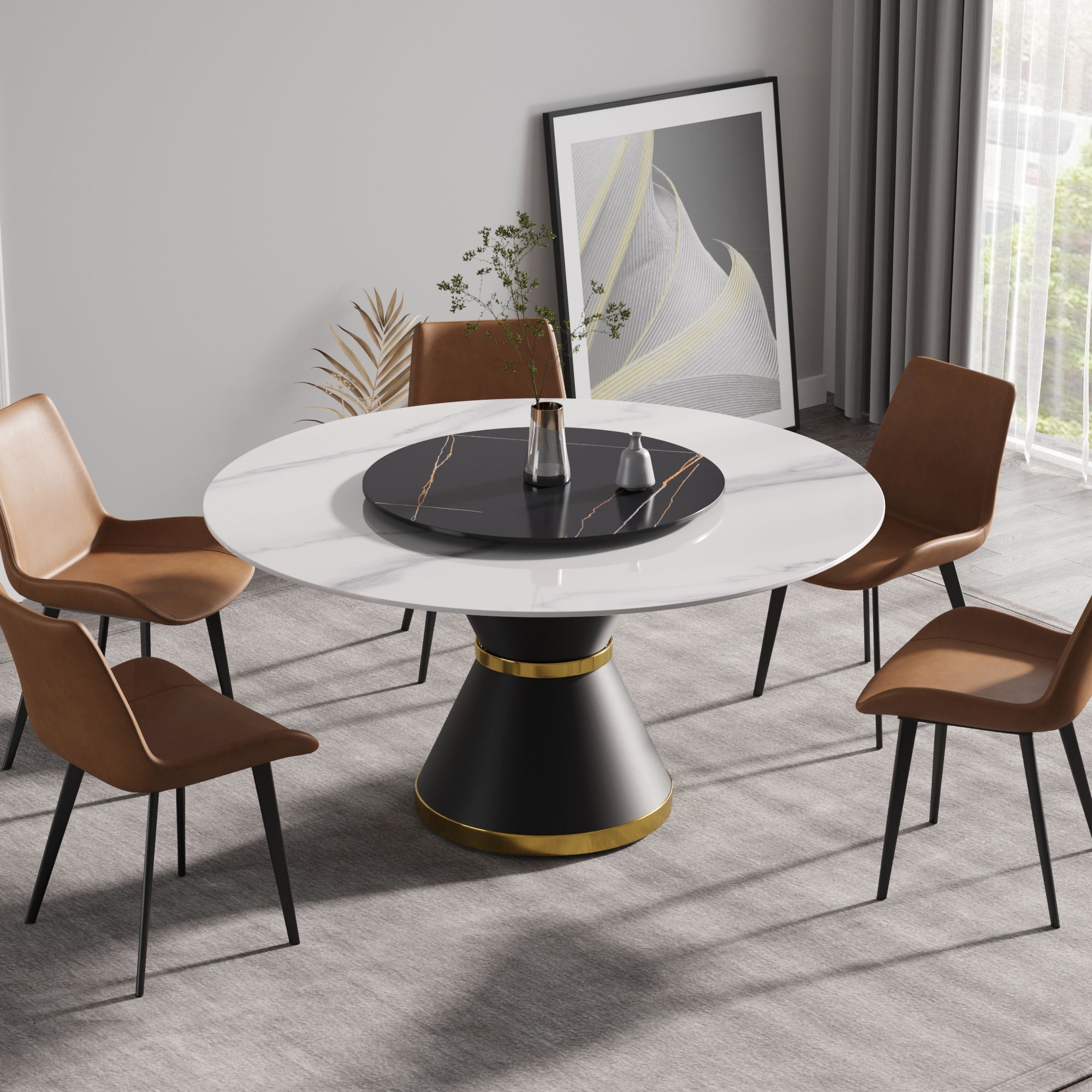 Modern Artificial Stone Round Carbon Steel Base Dining Table, Artificial Stone Turntable - Best Buy Furniture