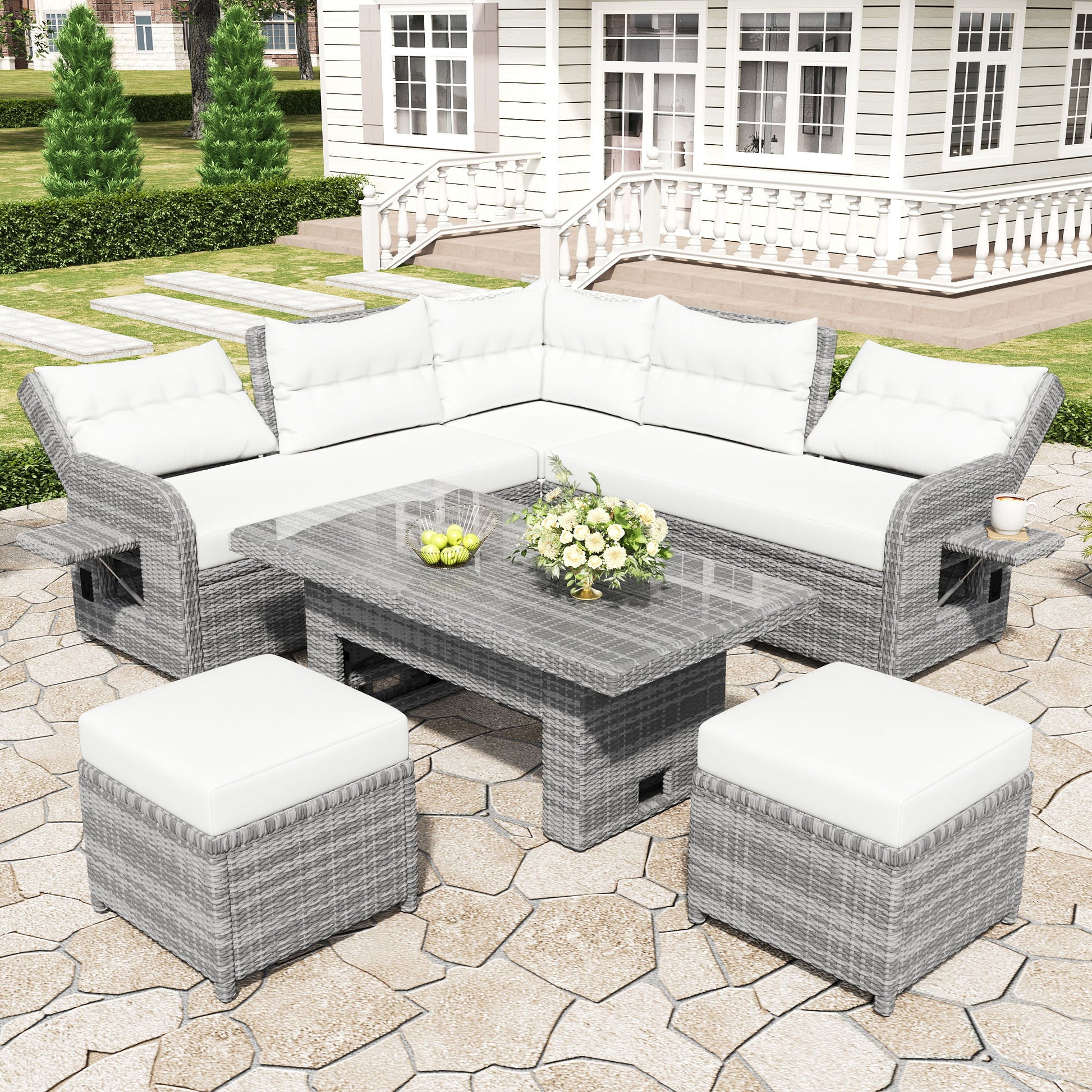 Outdoor Furniture Set Patio Rattan Furniture Set With Adjustable Table, Recliners With Extendable Side Tables And 2 Ottomans - Best Buy Furniture