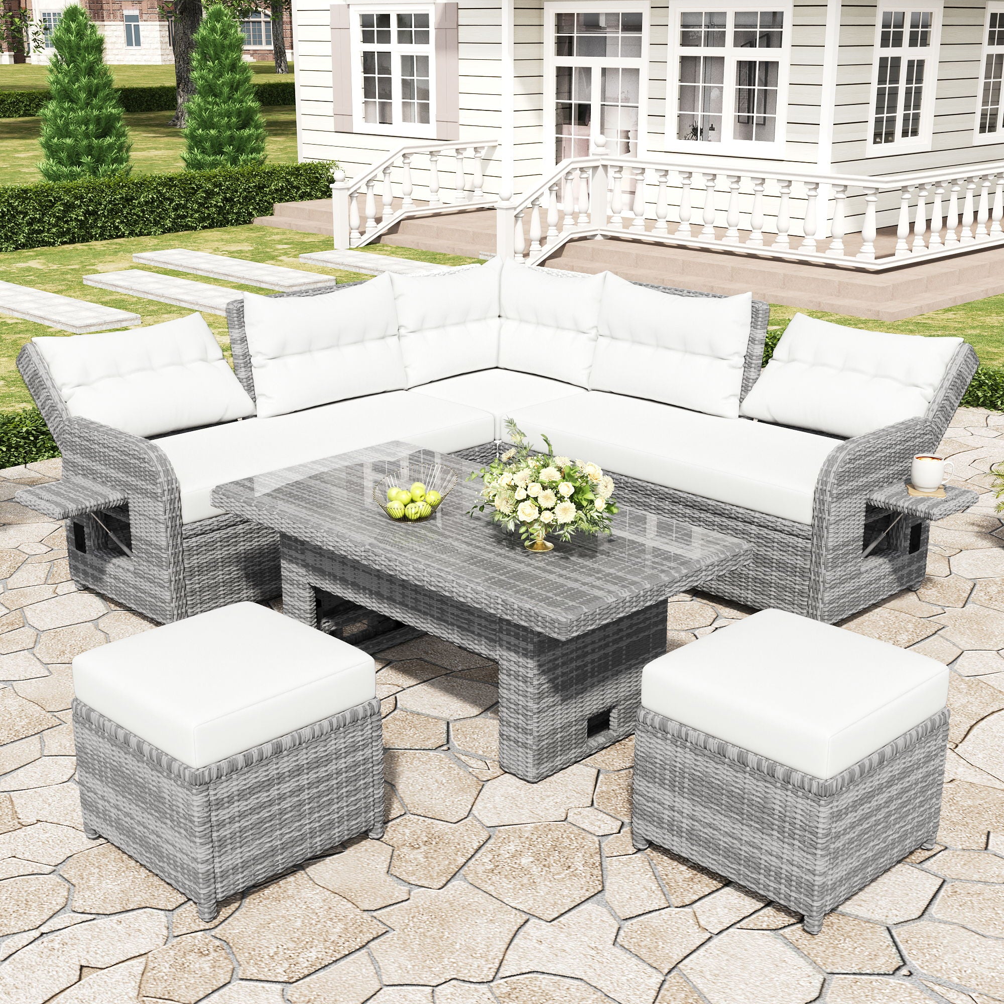 Outdoor Furniture Set Patio Rattan Furniture Set With Adjustable Table, Recliners With Extendable Side Tables And 2 Ottomans - Best Buy Furniture