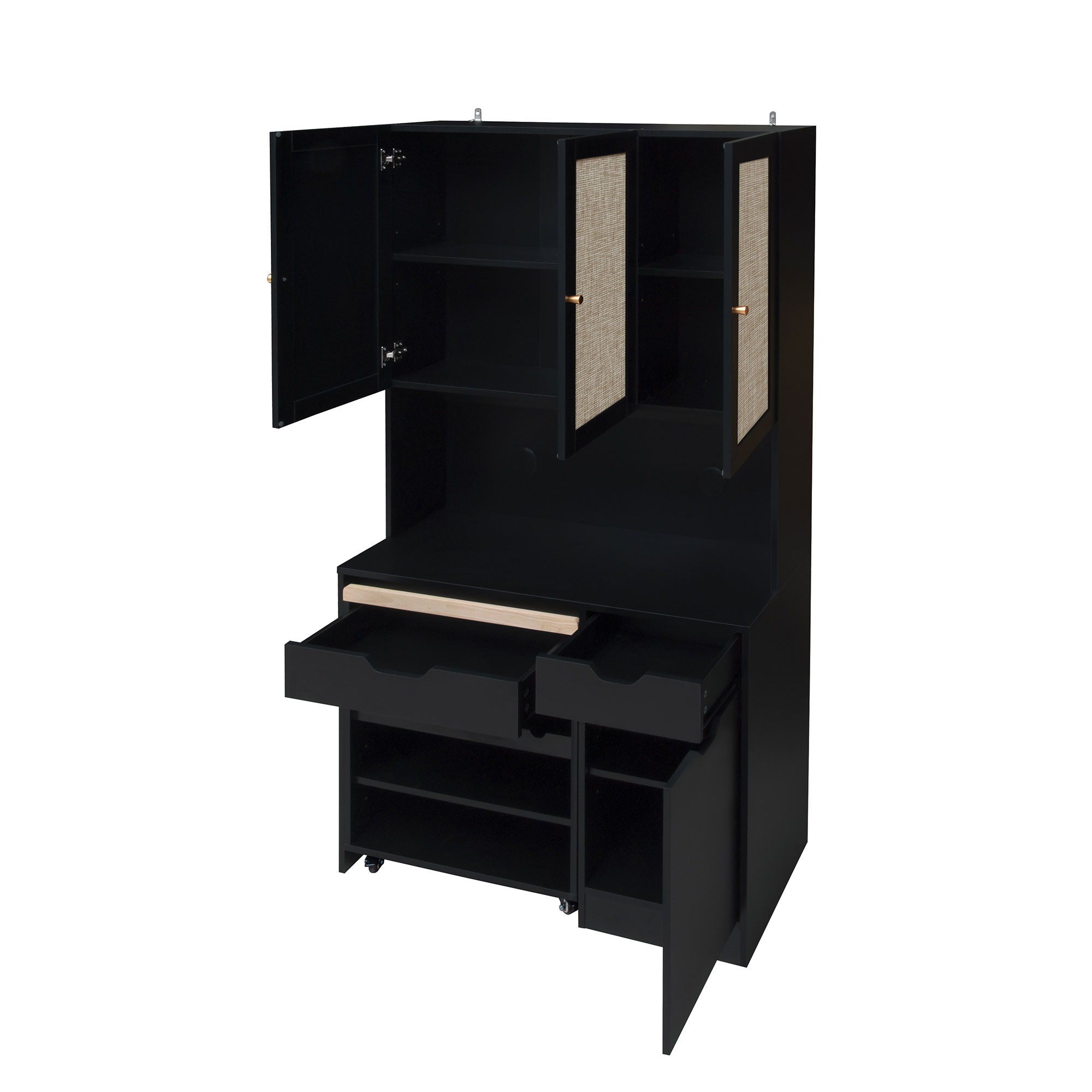 Kitchen Pantry Storage Cabinet, Modern Buffet Cabinet With Kitchen Cart, Tall Kitchen Hutch Cabinet With Microwave Stand, Food Pantry Cabinet With 3 Rattan Doors And Adjustable Shelves - Black - Best Buy Furniture