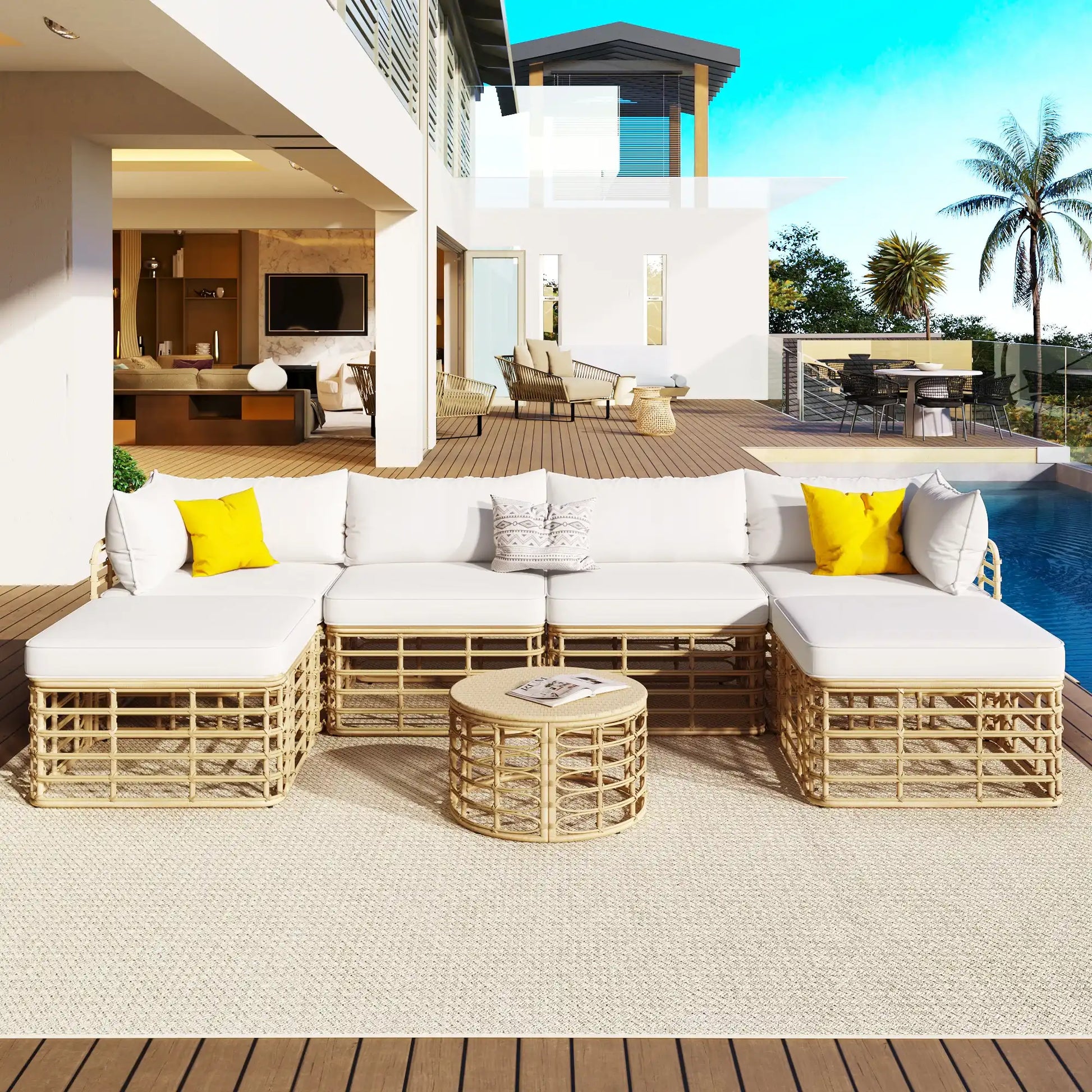 7 Piece Rattan Sectional Sofa Set, Outdoor Patio Furniture, Beige - Best Buy Furniture