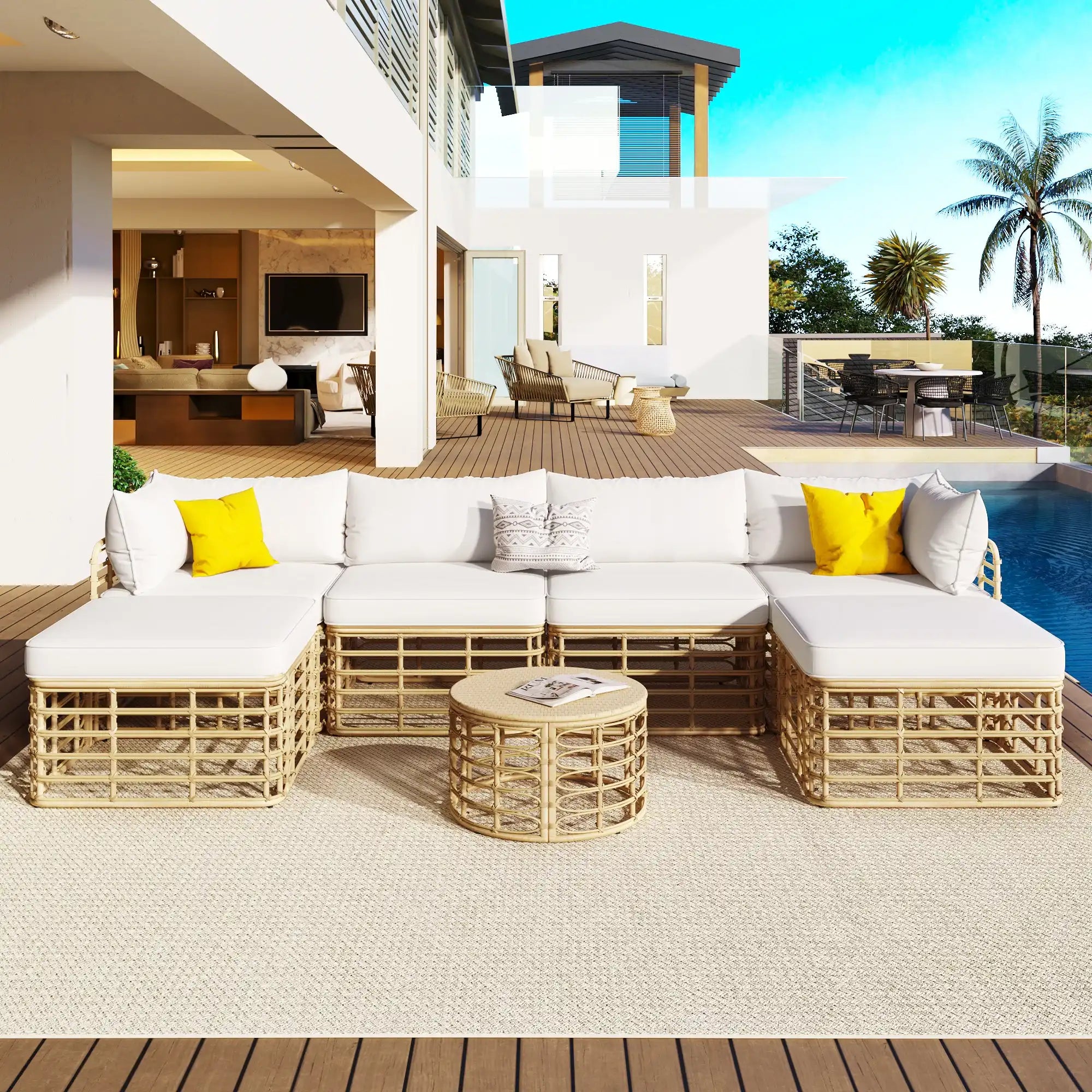 7 Piece Rattan Sectional Sofa Set, Outdoor Patio Furniture, Beige - Best Buy Furniture