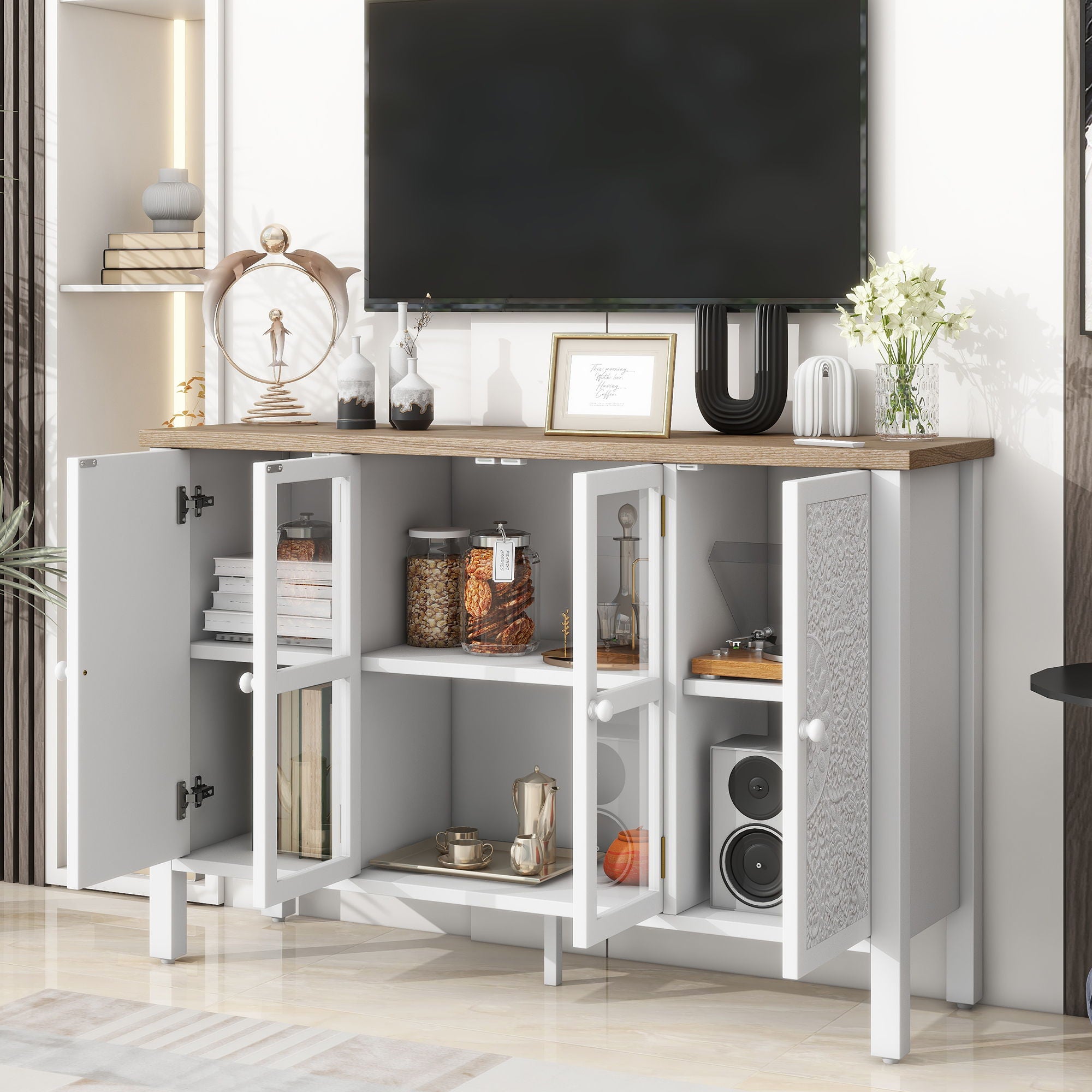 Retro TV Stand With 3 Spacious Cabinets, Glass Cabinet Doors And Anti-Tip Device - Best Buy Furniture