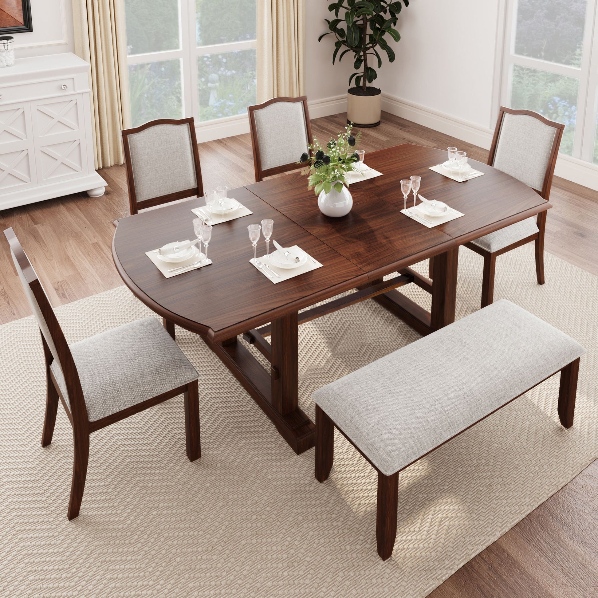 6 Piece Extendable Dining Table Set, Wood Table With Removable Leaf, 4 Upholstered Chairs And Bench - Cherry - Best Buy Furniture