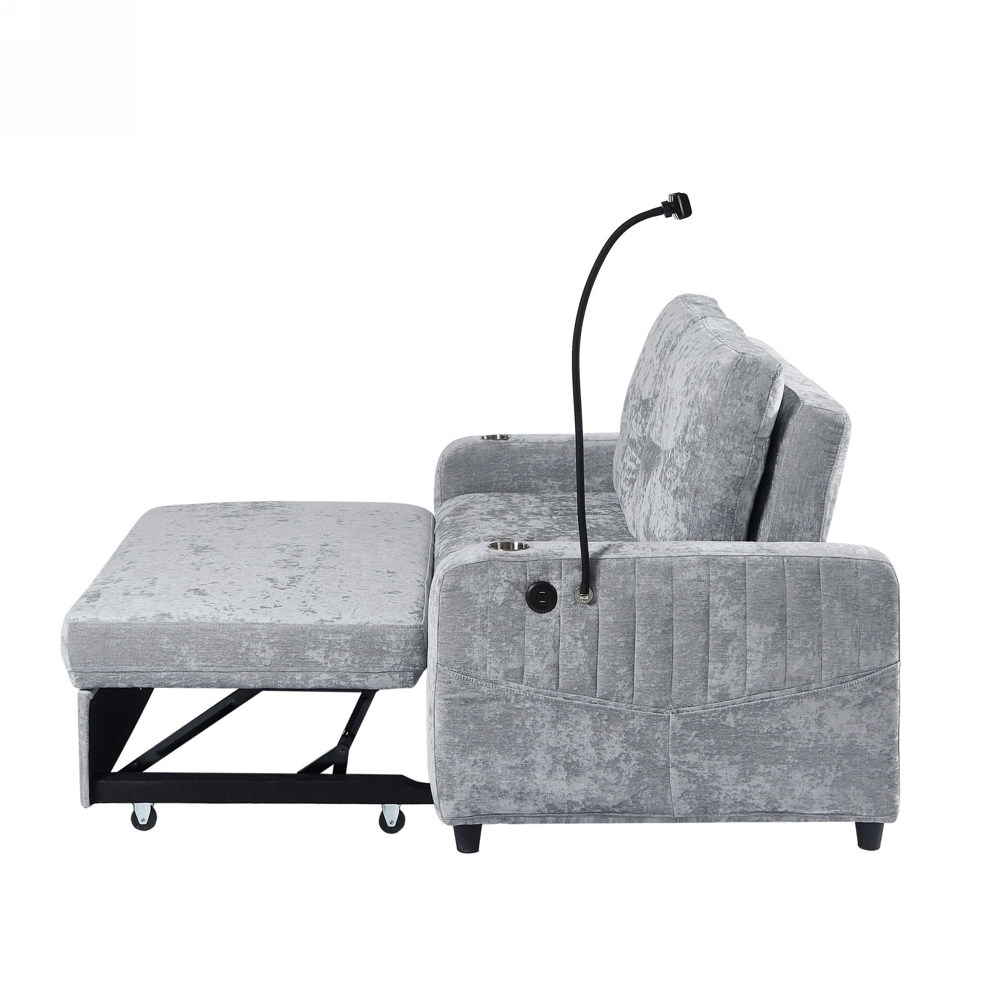 Modern Loveseat Pull Out Sofa Bed With Adjustable Backrest, Two Cup Holders, A Phone Holder, Three Charging Ports And Side Storage Pockets For Living Room - Best Buy Furniture