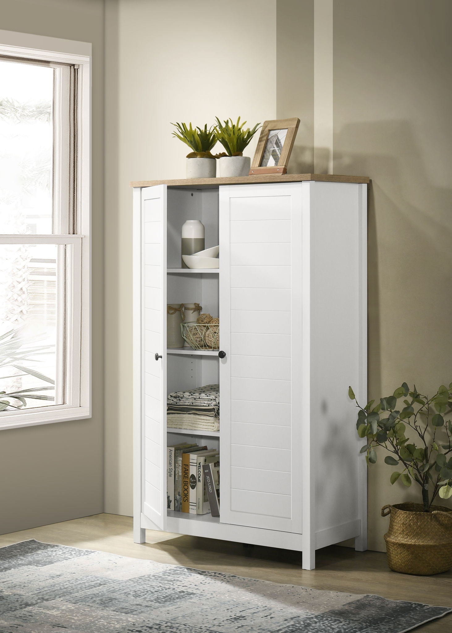Claire - Storage Cabinet With Oak Accent Finish And Framed Slatted Panel Design - White - Best Buy Furniture