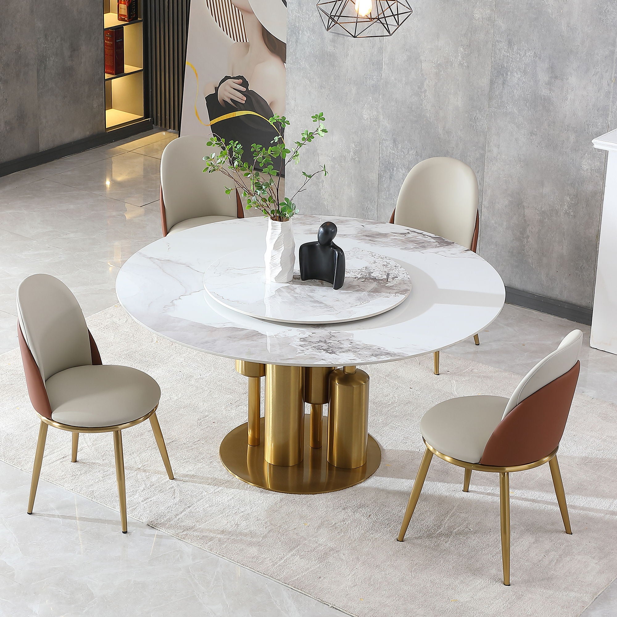 Round Sintered Stone Table, Modern Marble Dining Table (Table Only) - Gold / White - Best Buy Furniture