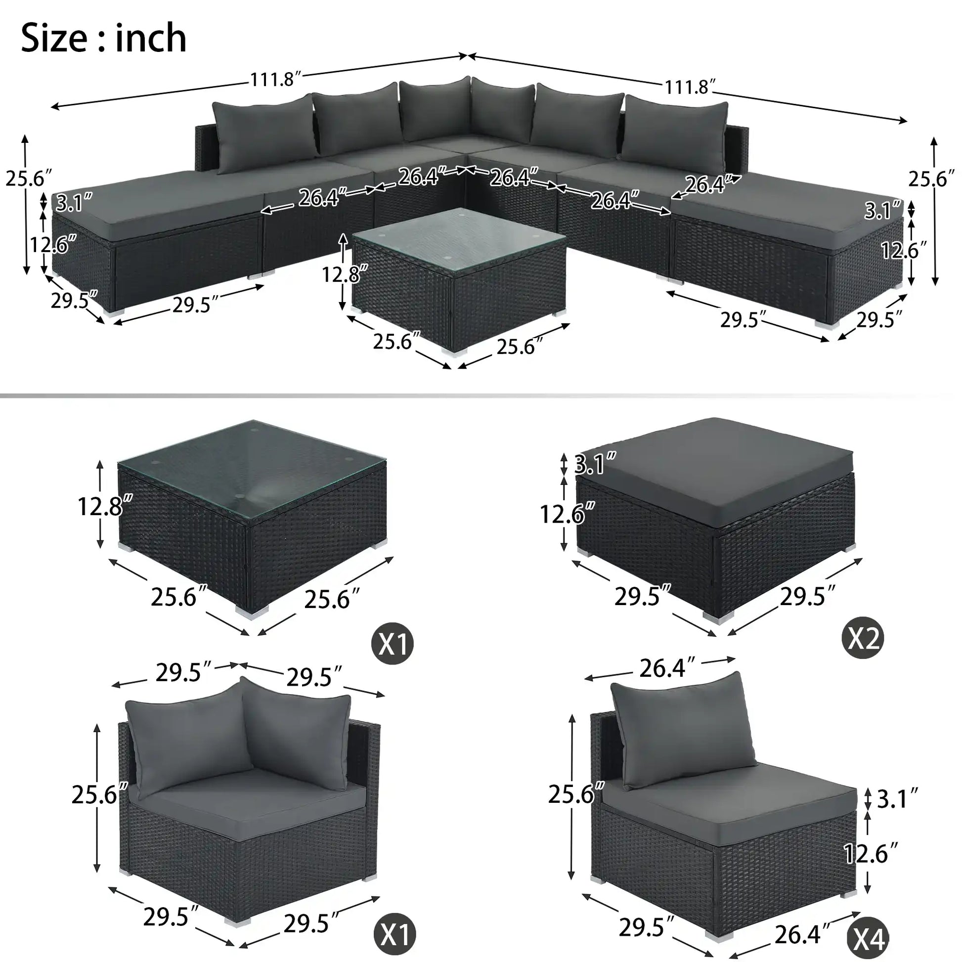 8 Piece Wicker Patio Sofa Set, Gray Cushions - Best Buy Furniture