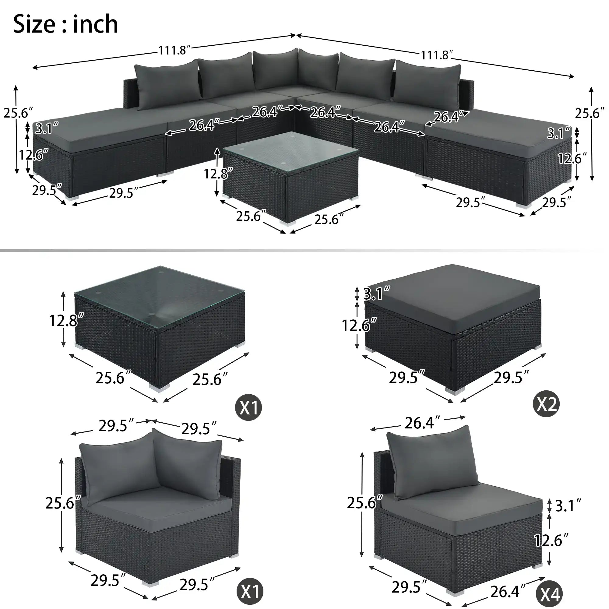 8 Piece Wicker Patio Sofa Set, Gray Cushions - Best Buy Furniture