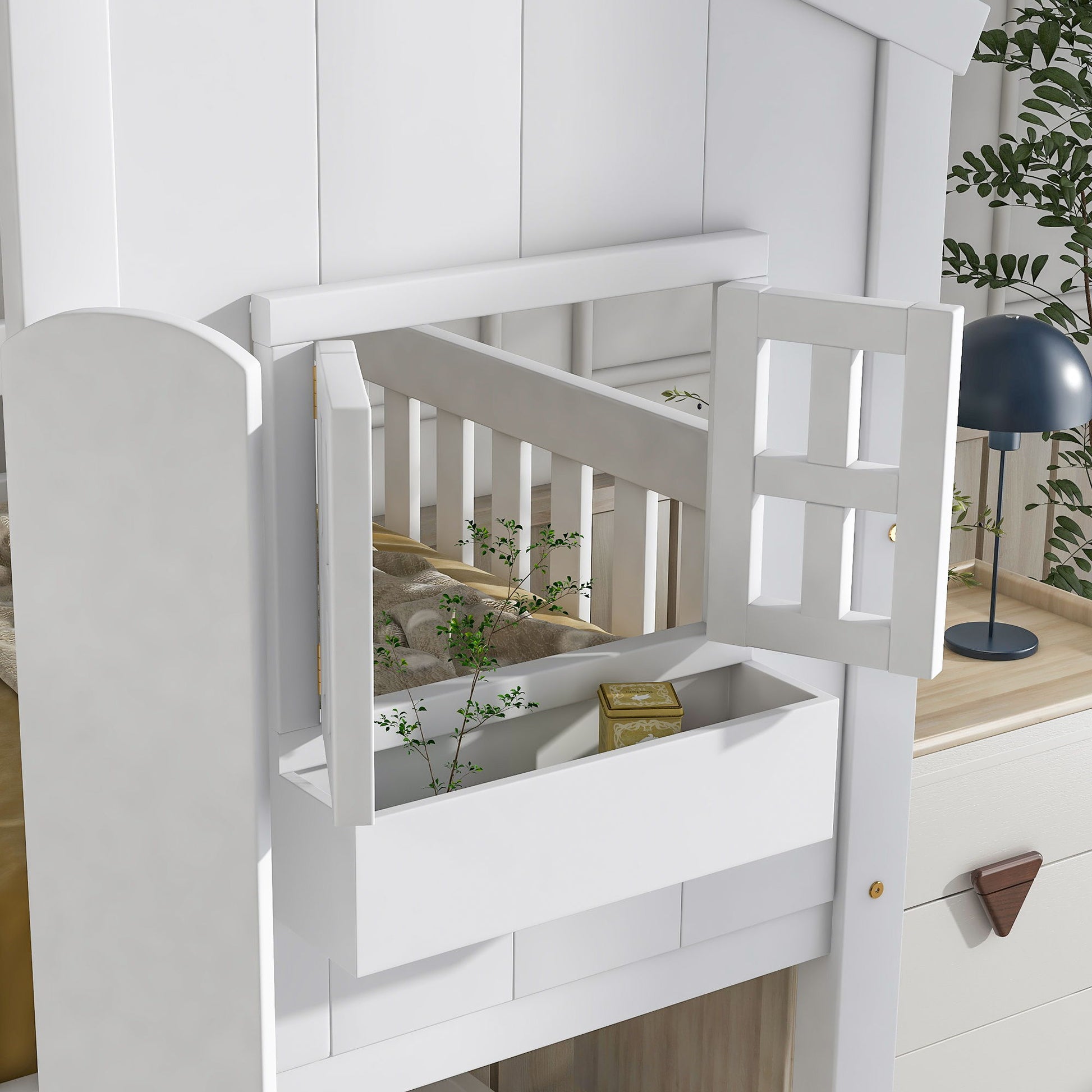 House Bunk Bed With Roof, Window, Window Box, Door, With Safety Guardrails And Ladder - Best Buy Furniture