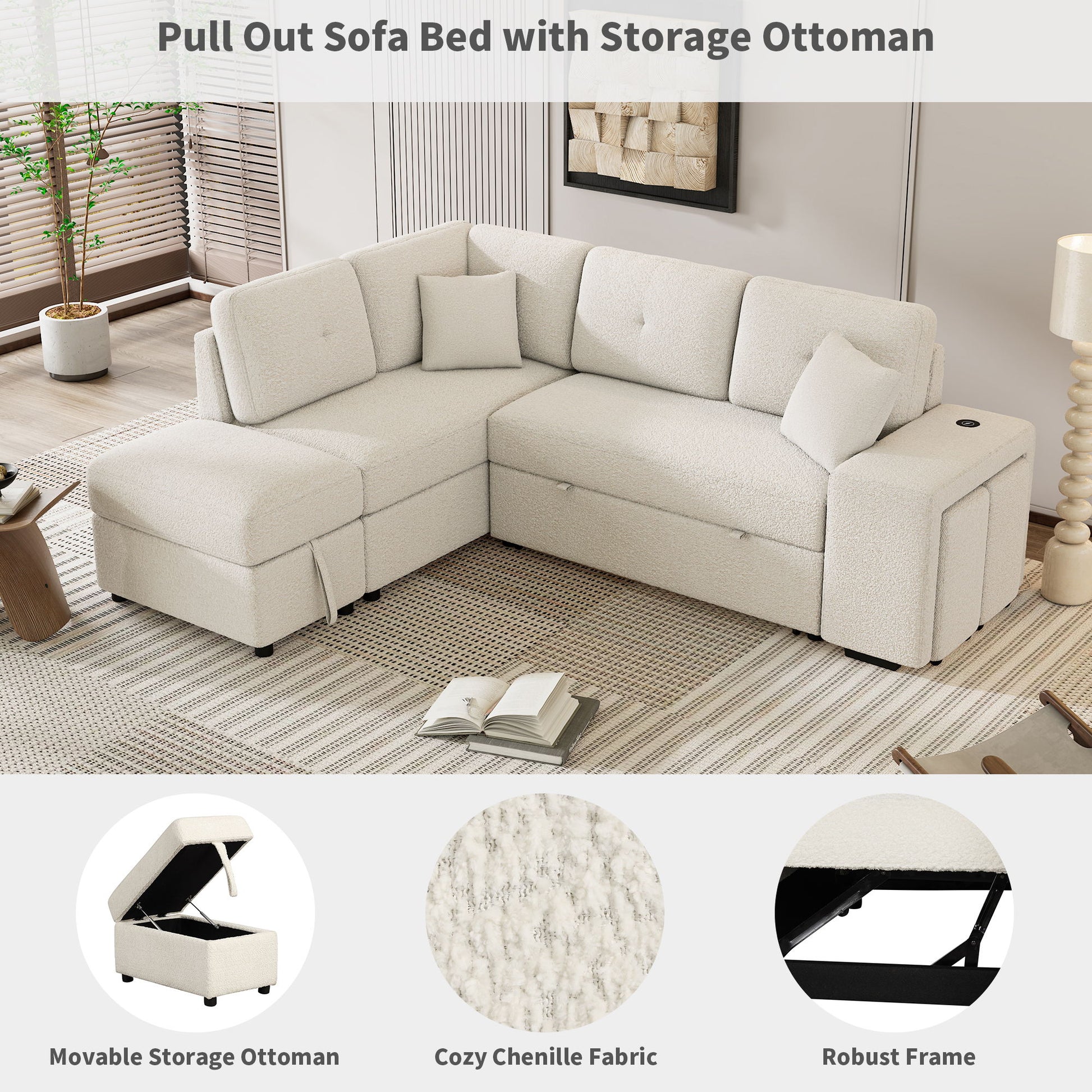 Convertible Sleeper, Sectional Pull Out Sofa Bed With Storage Ottoman, 2 Throw Pillows, 2 Stools, Wireless Charger And Two Hidden USB Ports For Living Room - Best Buy Furniture