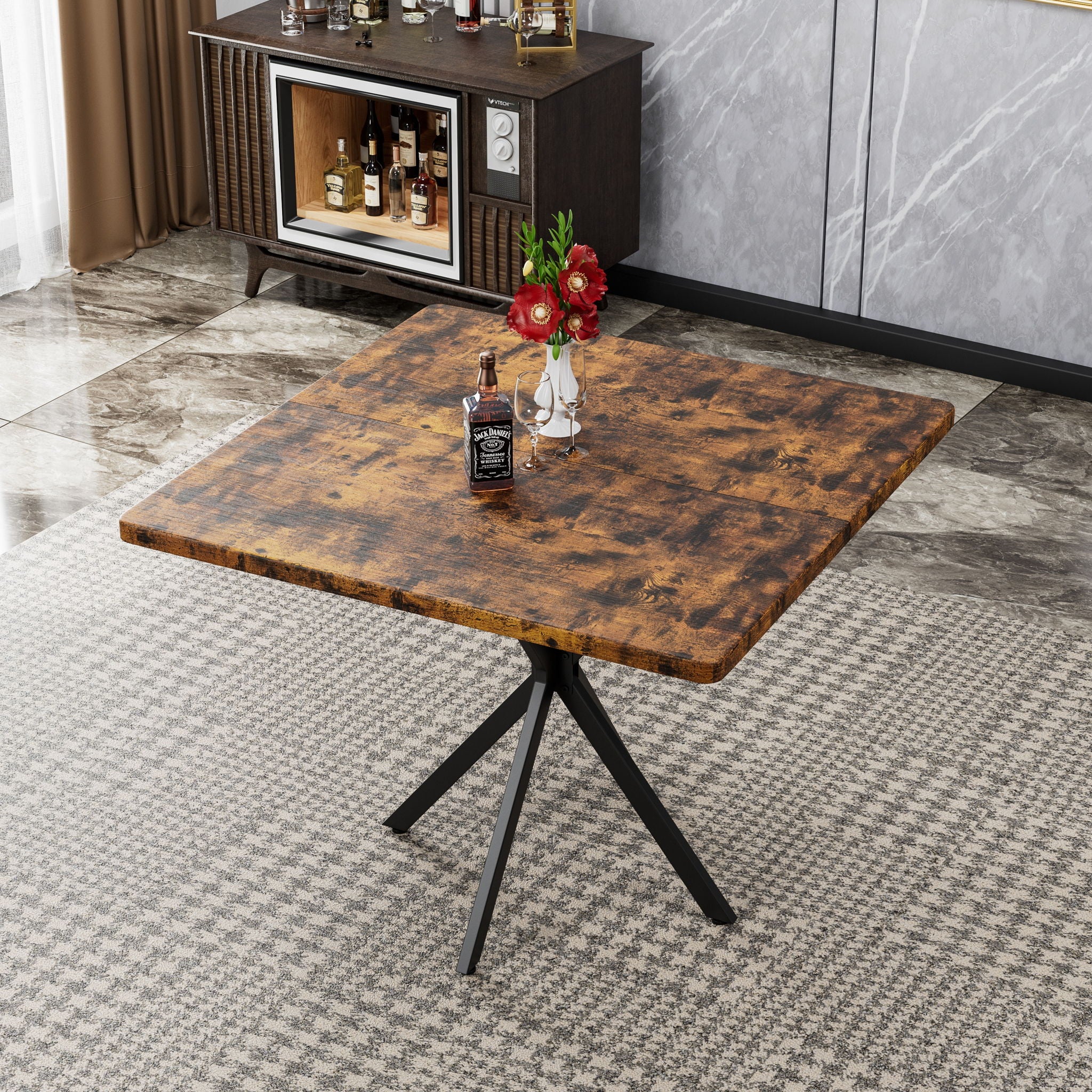 Mid Century Modern Square Dining Table Set With Faux Marble Tabletop And Iron Legs For 4, Space Saving Design - Brown / Blue - Best Buy Furniture