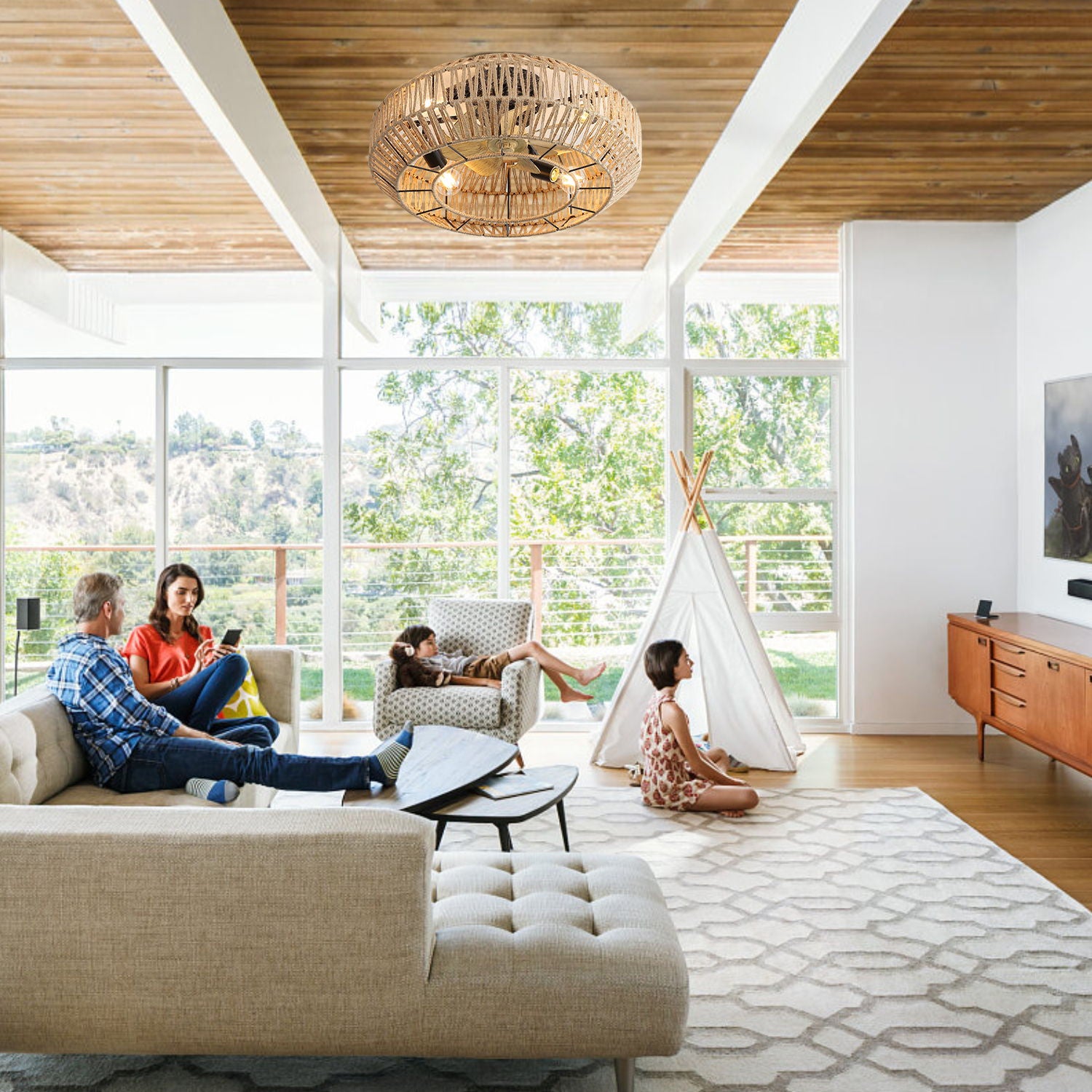 20" New Boho Caged Ceiling Fan With Enclosed Rattan 6 Speeds Remote Control Reversible Dc Motor For Living Room - Rattan - Best Buy Furniture
