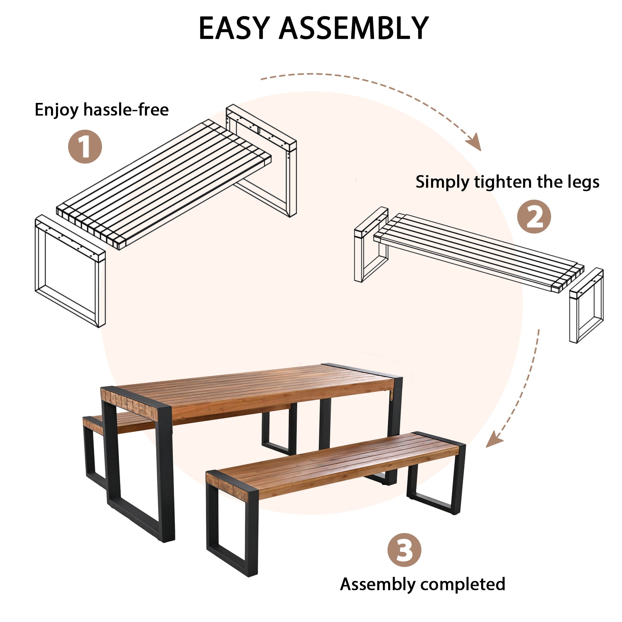3 Pieces Outdoor Dining Table With 2 Benches, Patio Dining Set With Unique Top Texture, Acacia Wood Top & Steel Frame, All Weather Use, For Outdoor & Indoor - Natural - Best Buy Furniture