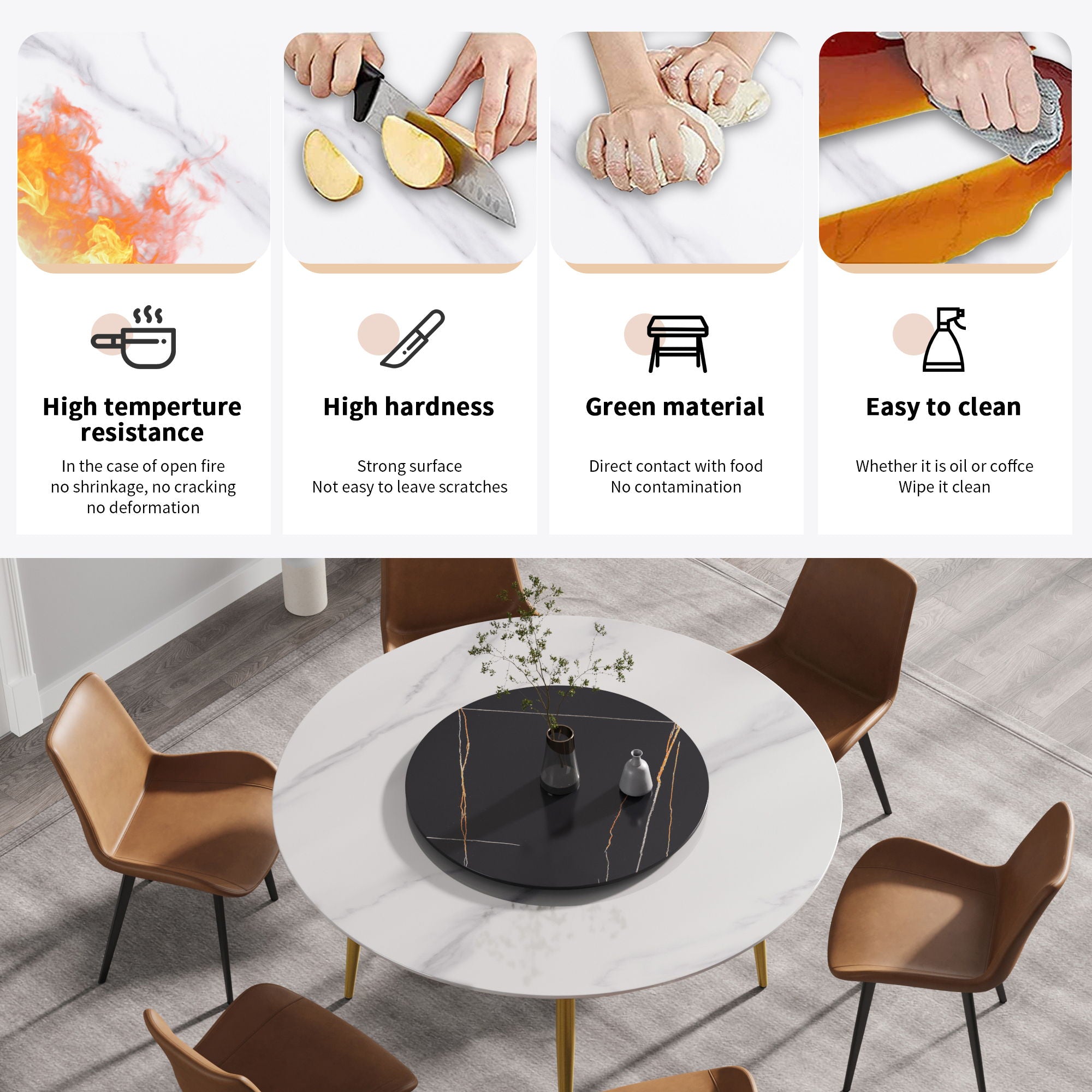 Modern Artificial Stone Round Dining Table, Can Accommodate 6 People Artificial Stone Turntable - Best Buy Furniture