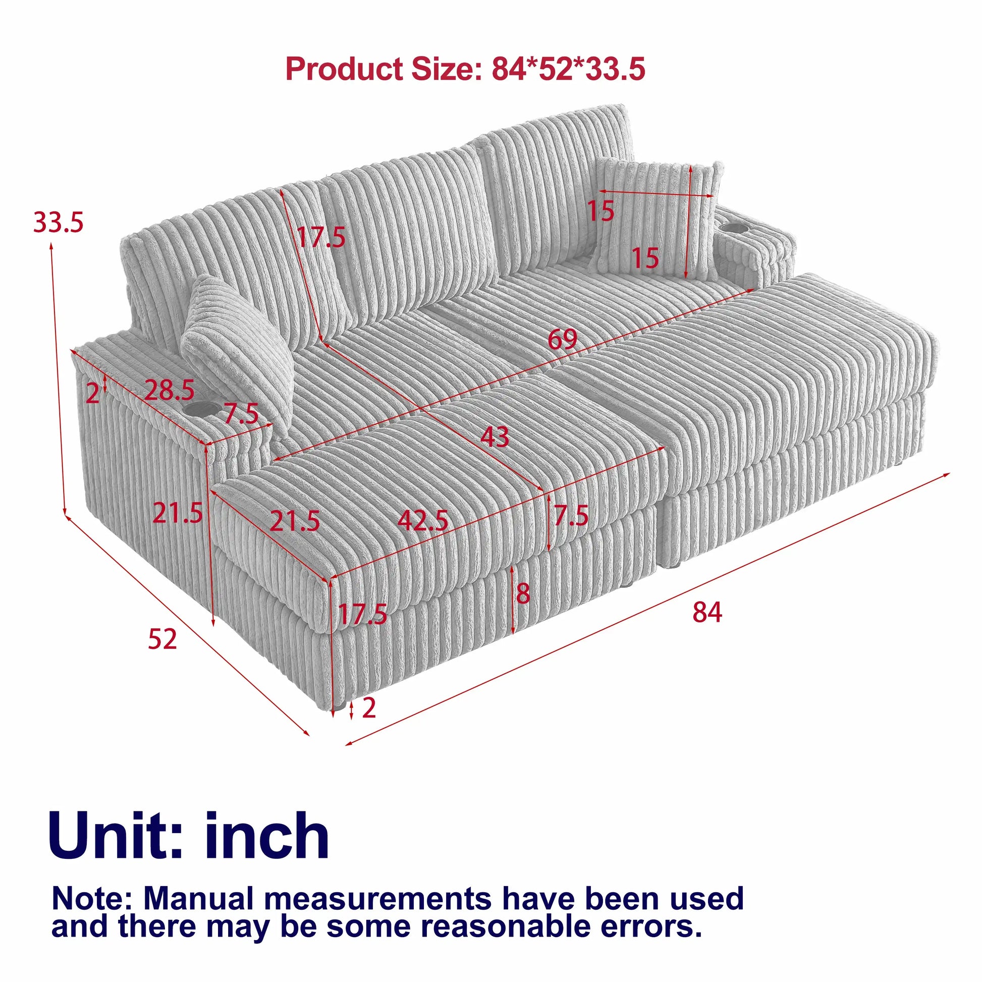 Xena Modern Corduroy Sofa With Cupholders with Storage And Ottomans - Best Buy Furniture