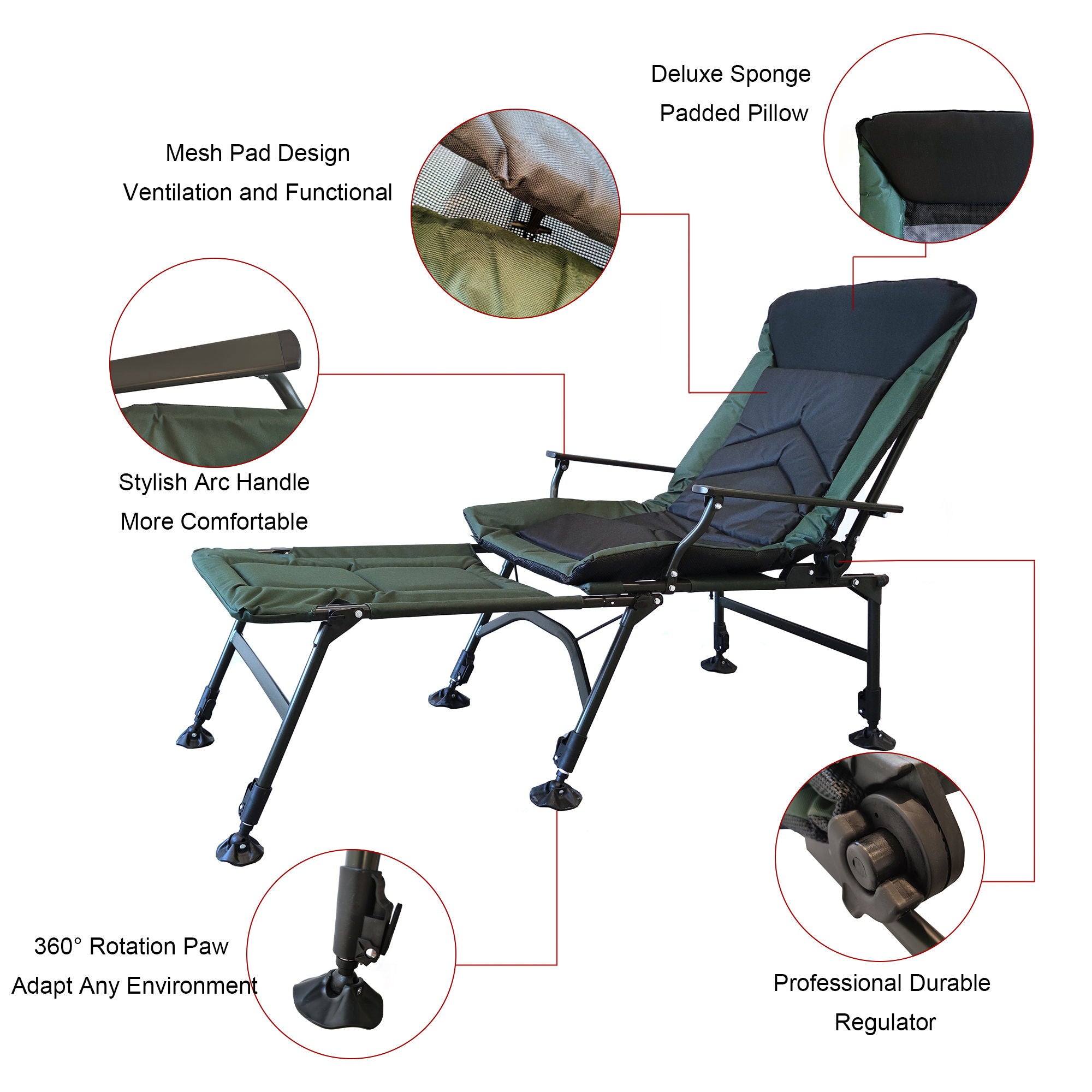 Camping Lounge Chair With Detachable Footrest, Portable Folding Reclining Camping Chair With Adjustable Backrest For Indoor And Outdoor Camping Beach Hiking Fishing - Green / Black - Best Buy Furniture