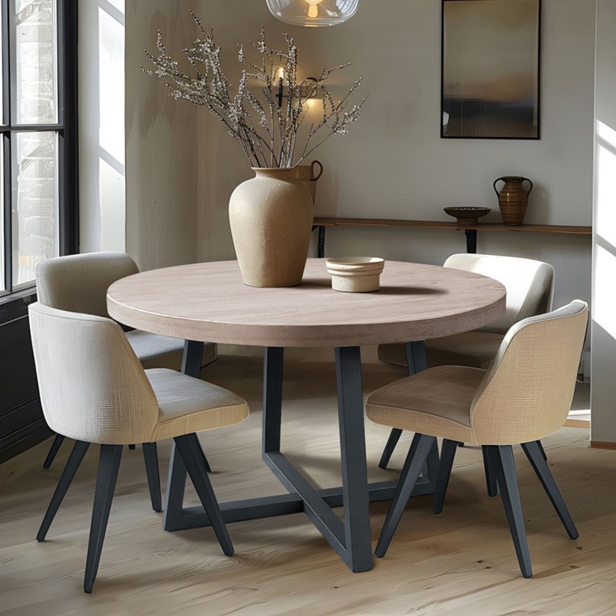 Round Dining Table With Wire Brushed Mindi Top And Mahogany Base - Wheat - Best Buy Furniture