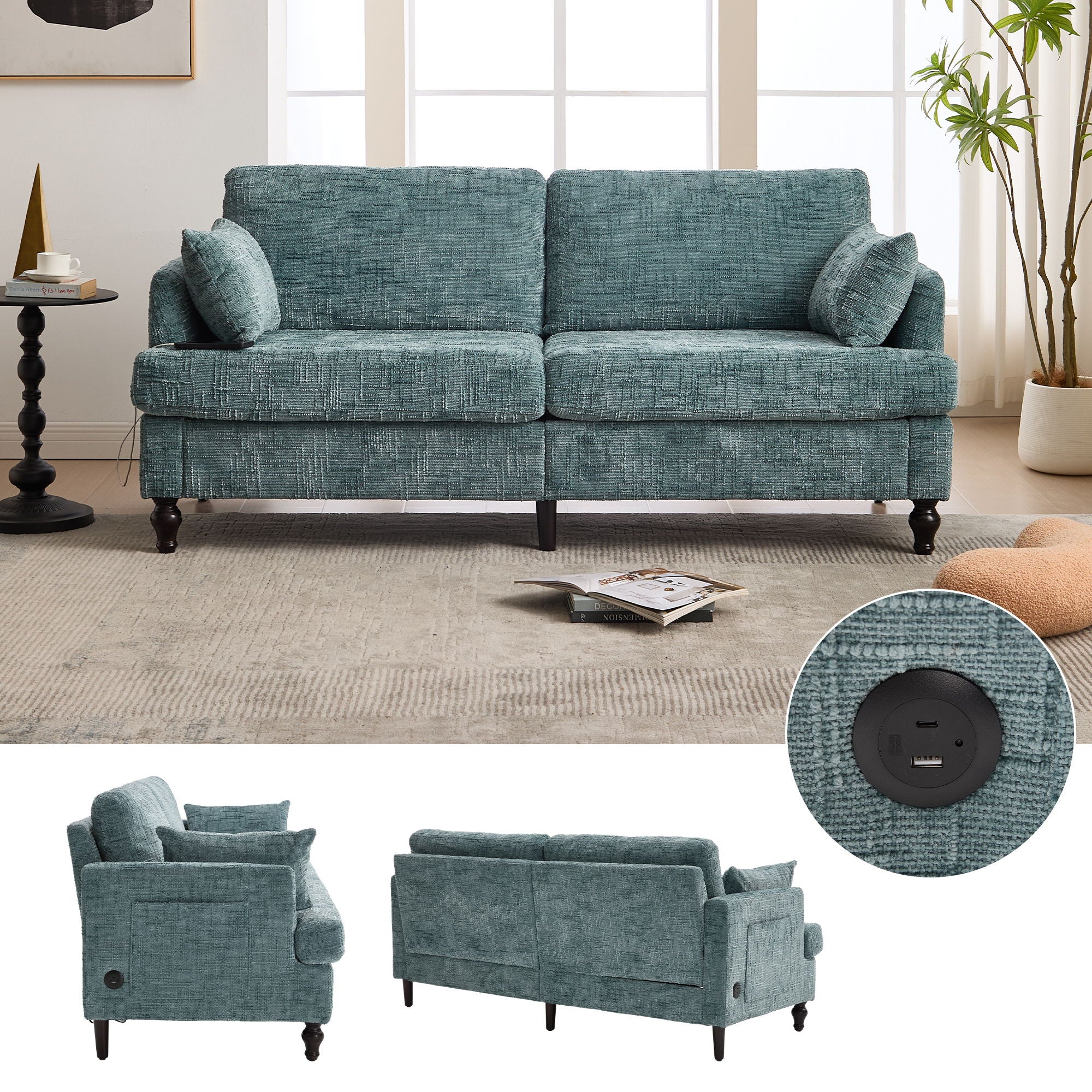 Chenille 2 Seater Sofa With LED Light, USB Charging Port, And Storage Bag - Best Buy Furniture